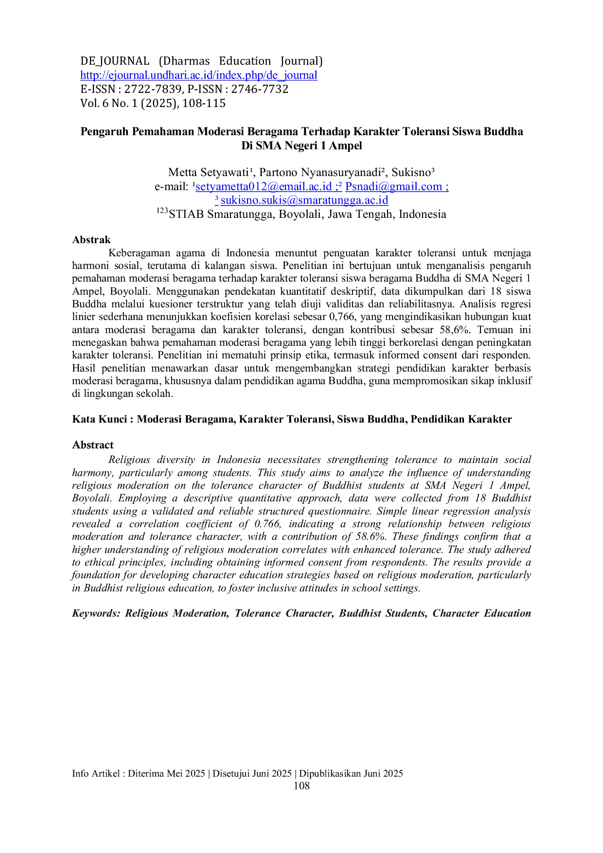 JURIS Pengaruh Pemahaman Moderasi Beragama Terhadap Karakter Toleransi Siswa Buddha Di SMA Negeri 1 Ampel