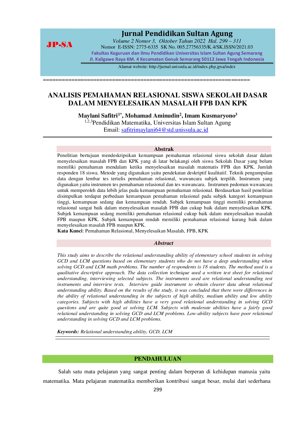 JURIS Analisis Pemahaman Relasional Siswa Sekolah Dasar dalam Menyelesaikan Masalah FPB Dan KPK