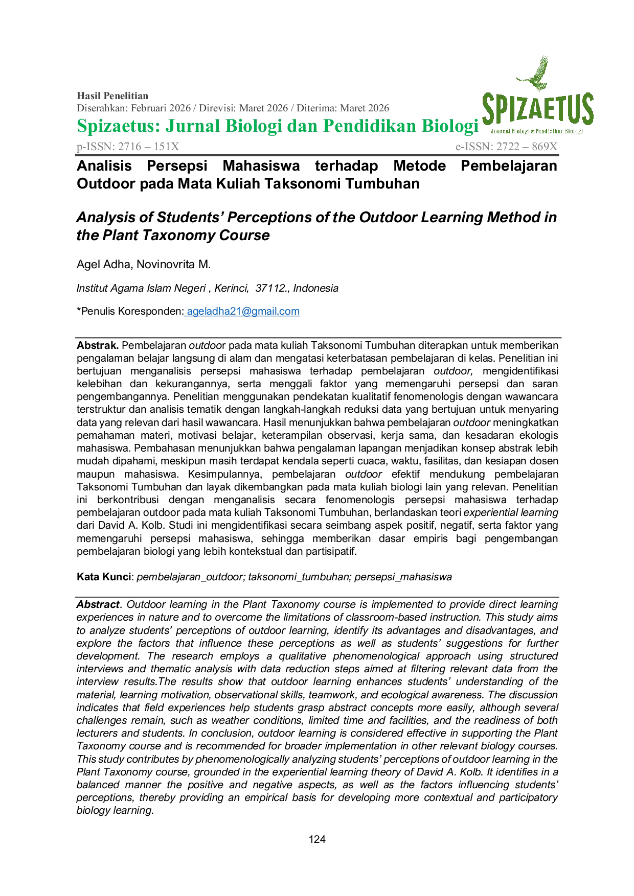 JURIS Analisis Persepsi Mahasiswa terhadap Metode Pembelajaran Outdoor pada Mata Kuliah Taksonomi Tumbuhan