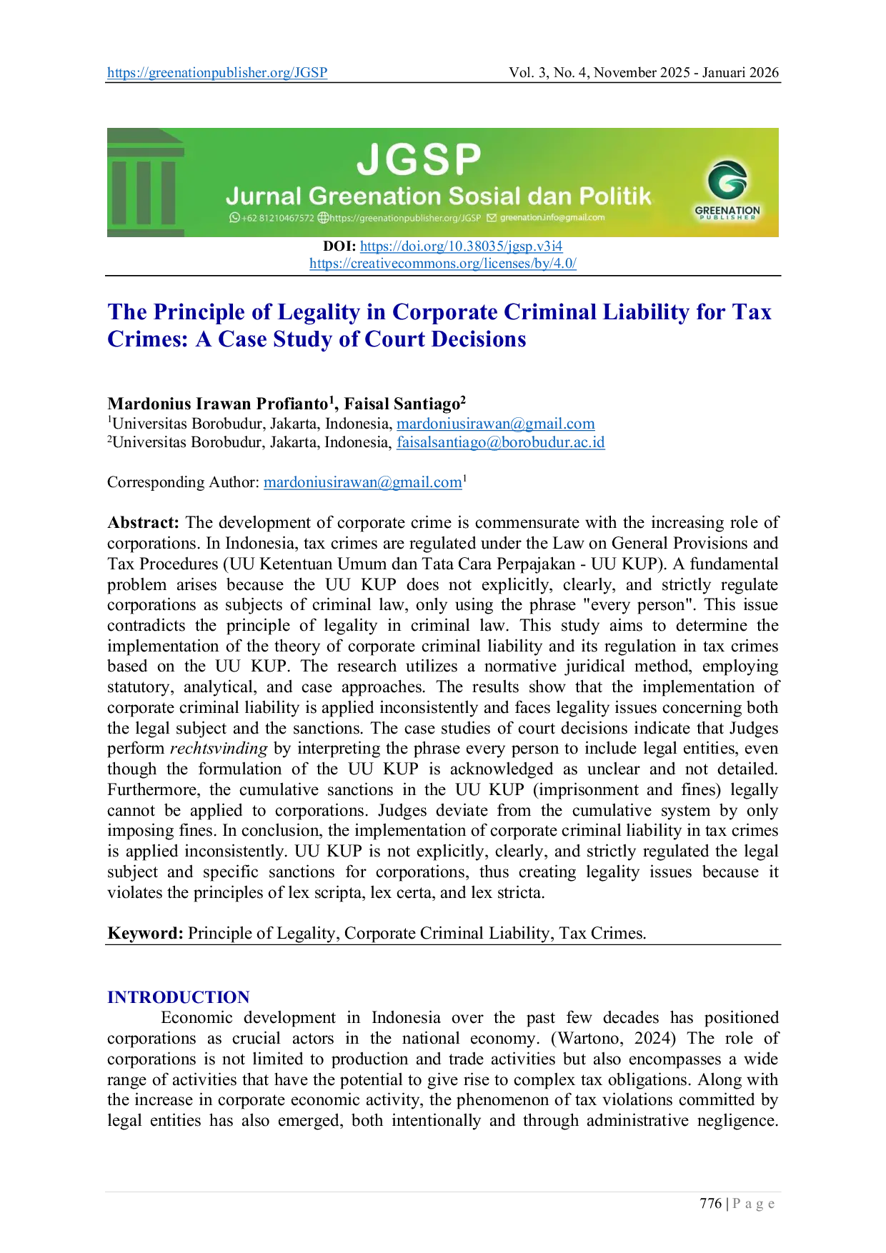 JURIS The Principle of Legality in Corporate Criminal Liability for Tax Crimes A Case Study of Court Decisions
