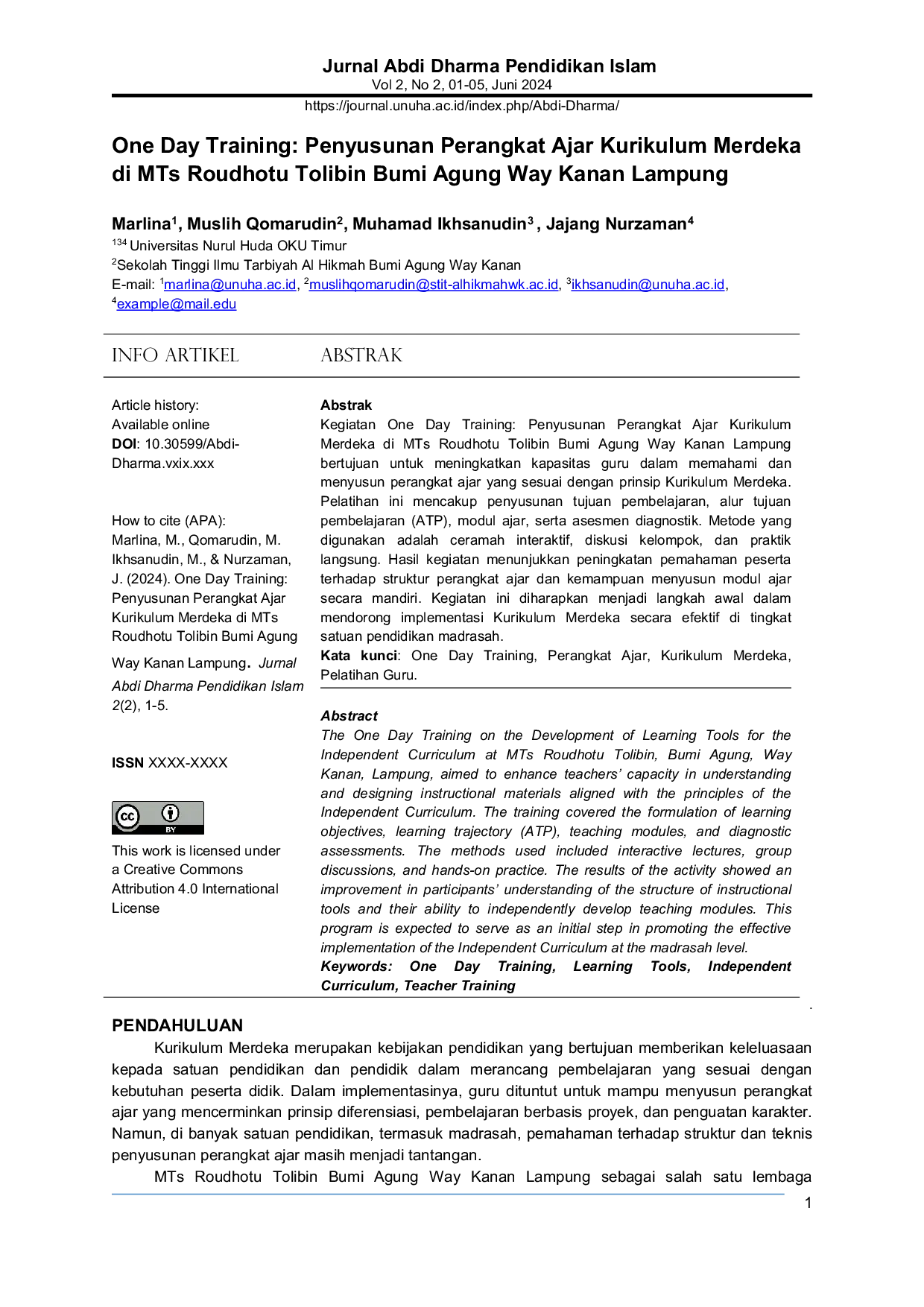 JURIS One Day Training Development of Learning Tools for the Independent Curriculum at MTs Roudhotu Tolibin Bumi Agung Way Kanan Lampung