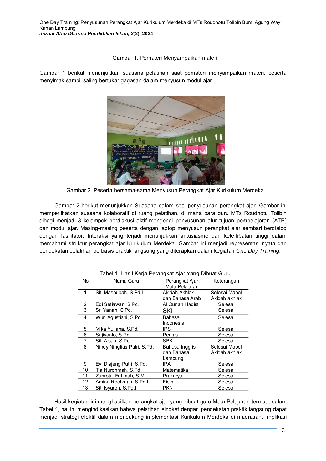 JURIS One Day Training Development of Learning Tools for the Independent Curriculum at MTs Roudhotu Tolibin Bumi Agung Way Kanan Lampung