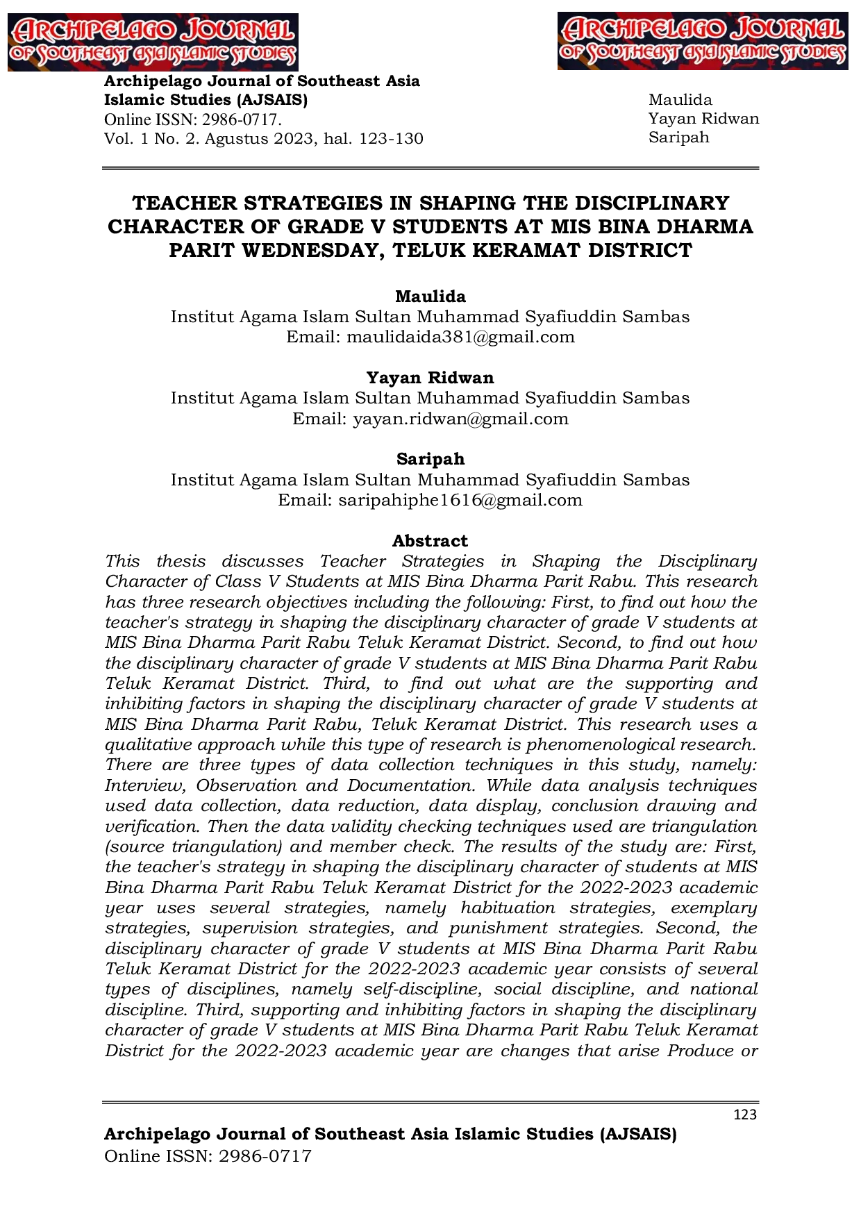 JURIS Teacher Strategies in Shaping the Disciplinary Character of Grade V Students at MIS Bina Dharma Parit Rabu