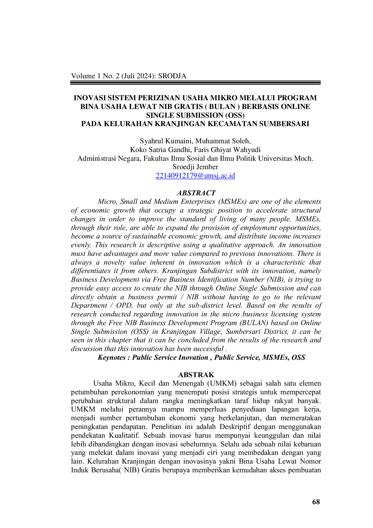 JURIS Inovasi Sistem Perizinan Usaha Mikro Melalui Program Bina Usaha Lewat Nib Gratis Bulan Berbasis Online Single Submission OSS Pada Kelurahan Kranjingan Kecamatan Sumbersari