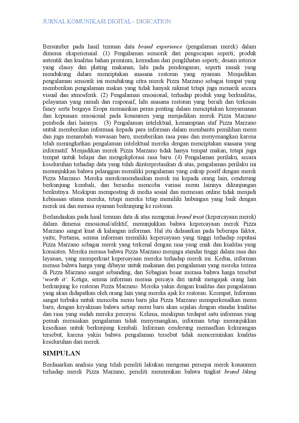 juris Analisis Brand Perception Konsumen Terhadap Merek Pizza Marzano