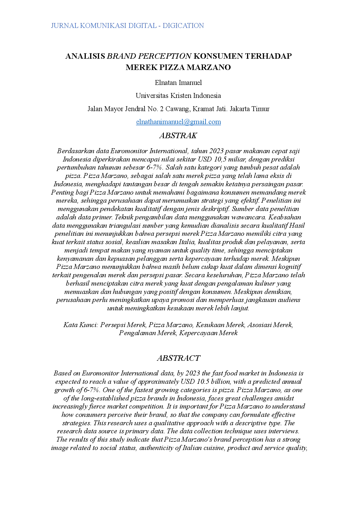 juris Analisis Brand Perception Konsumen Terhadap Merek Pizza Marzano