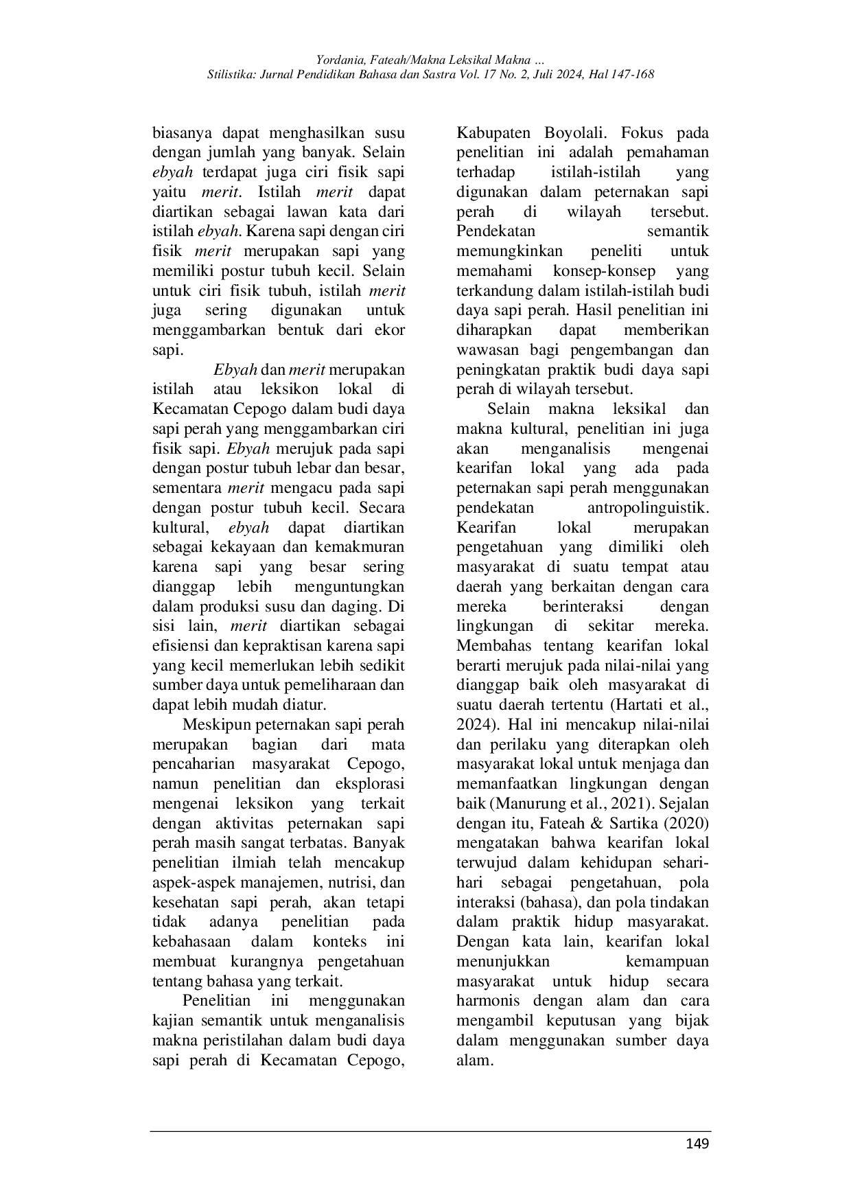 JURIS Makna Leksikal Makna Kultural dan Kearifan Lokal dalam Leksikon Peternakan Sapi Perah di Kecamatan Cepogo Kabupaten Boyolali