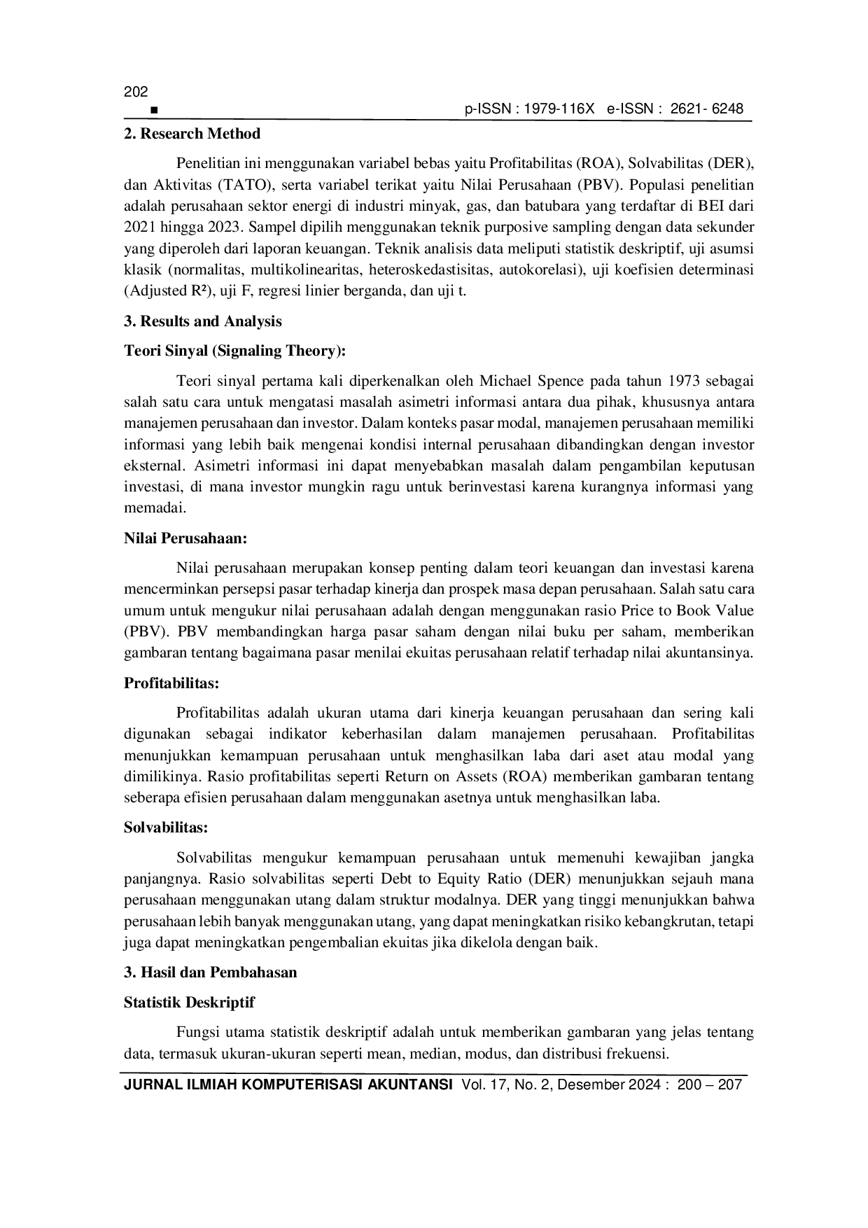 JURIS Pengaruh Profibilitas Solvabilitas Aktivitas Terhadap Nilai Perusahaan Minyak Gas Batubara