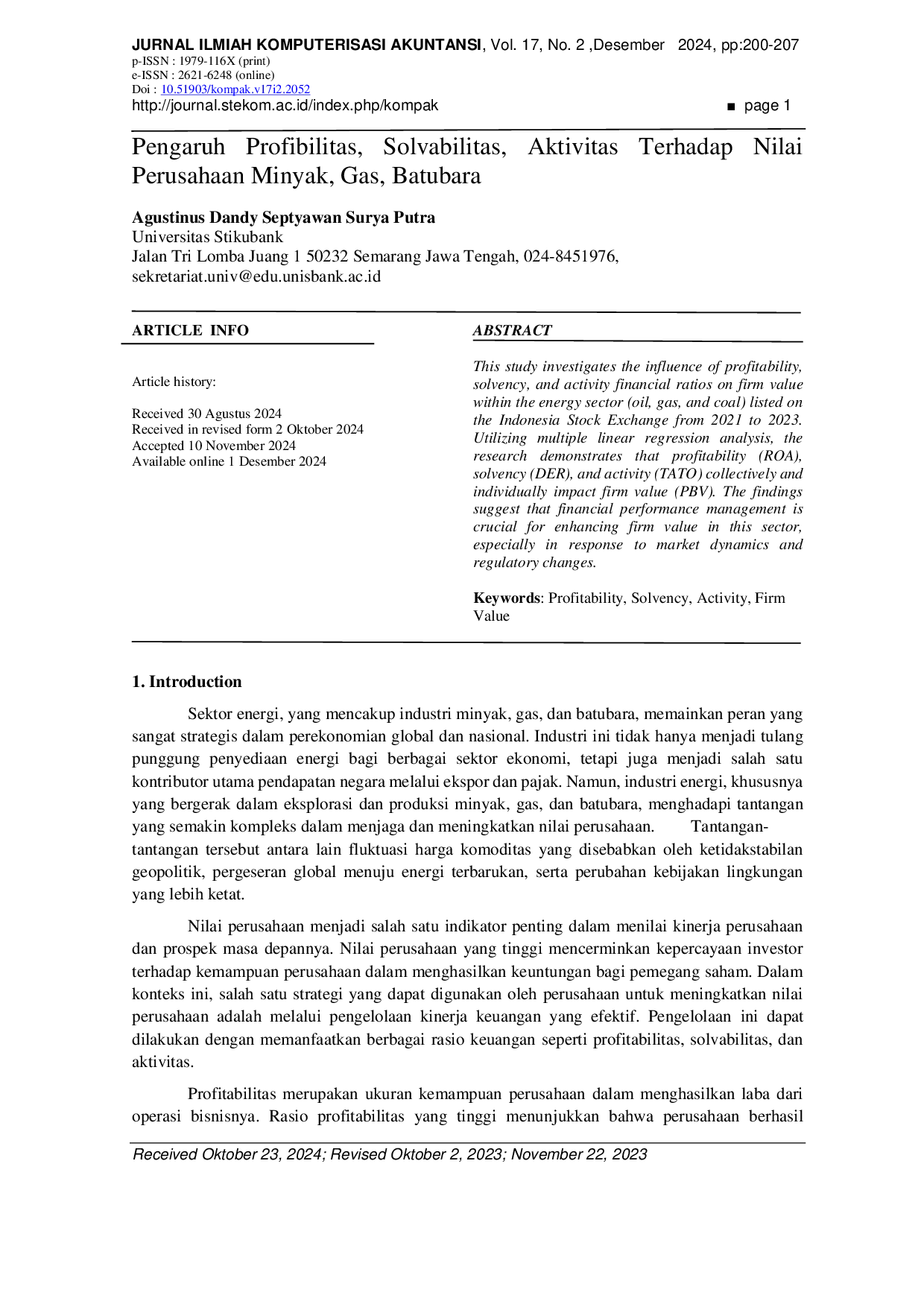 JURIS Pengaruh Profibilitas Solvabilitas Aktivitas Terhadap Nilai Perusahaan Minyak Gas Batubara