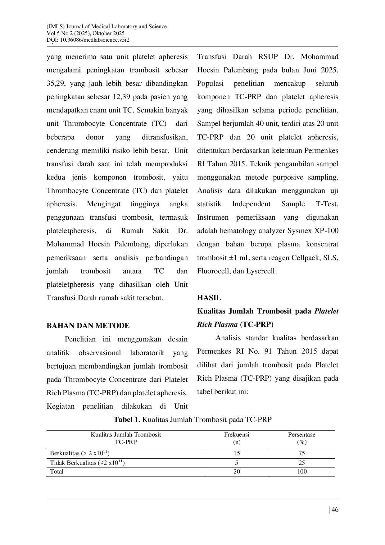 JURIS Perbedaan Jumlah Trombosit Platelet Apheresis dan Rich Plasma Tc Prp Di Rsup Dr Mohammad Hoesin Palembang