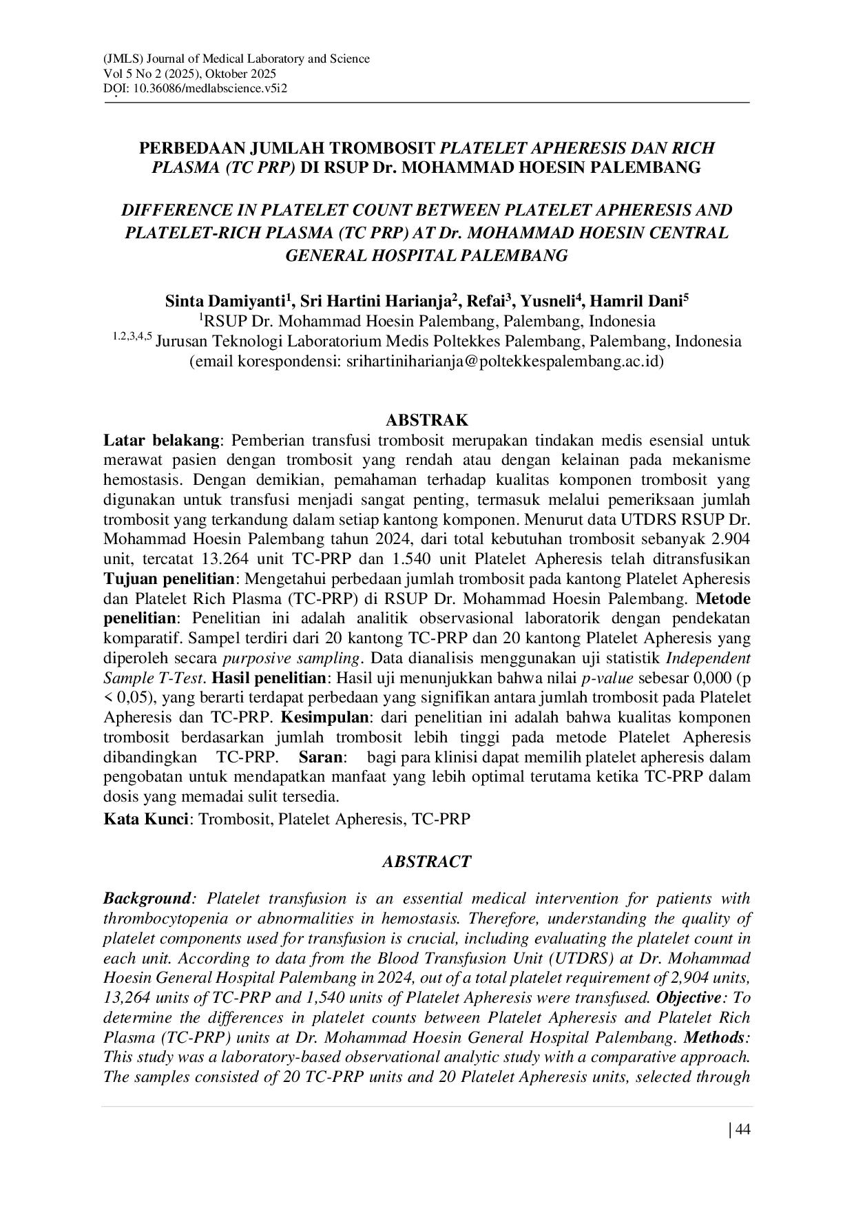 JURIS Perbedaan Jumlah Trombosit Platelet Apheresis dan Rich Plasma Tc Prp Di Rsup Dr Mohammad Hoesin Palembang