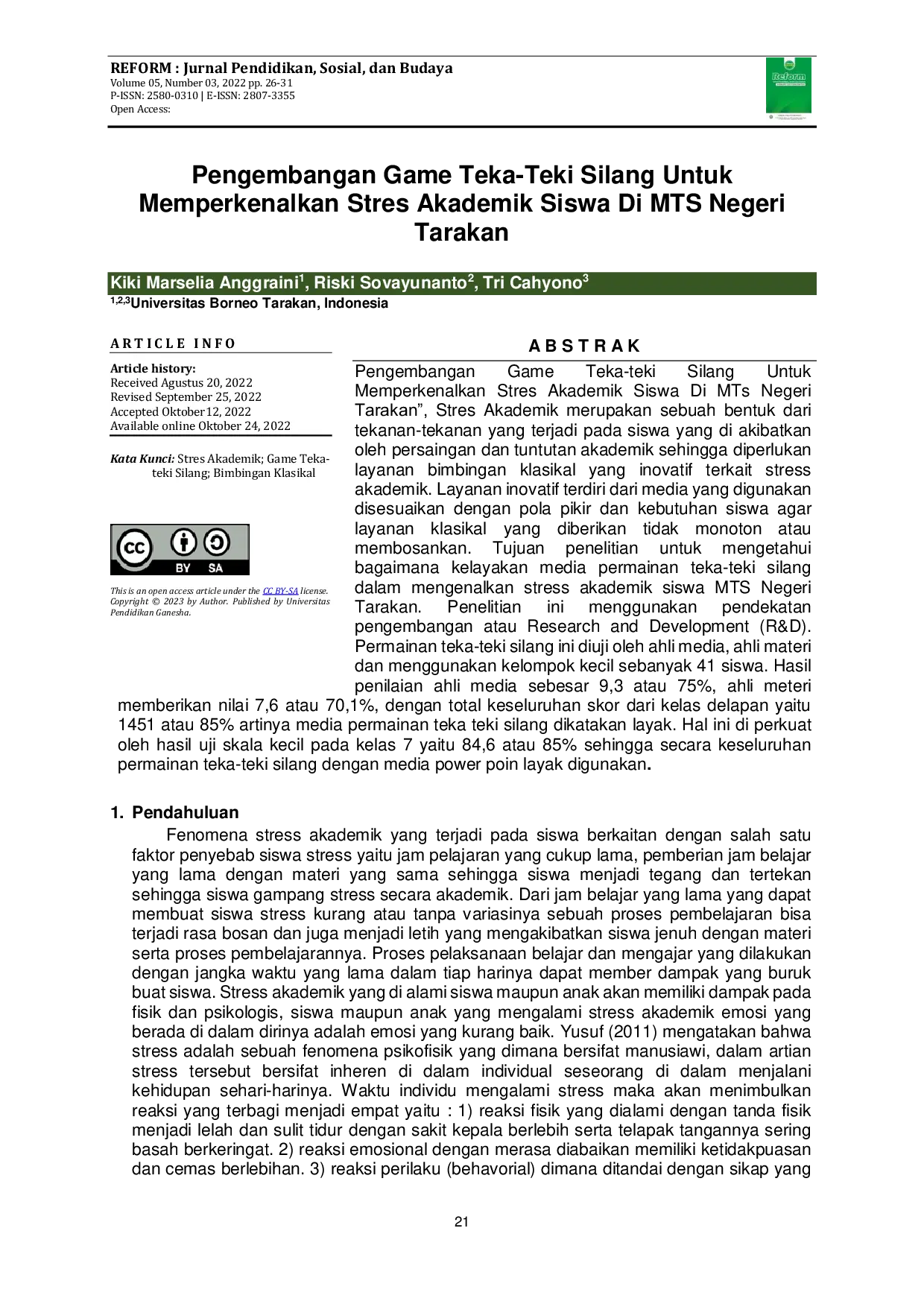 JURIS Pengembangan Game Teka Teki Silang Untuk Memperkenalkan Stres Akademik Siswa Di MTS Negeri Tarakan