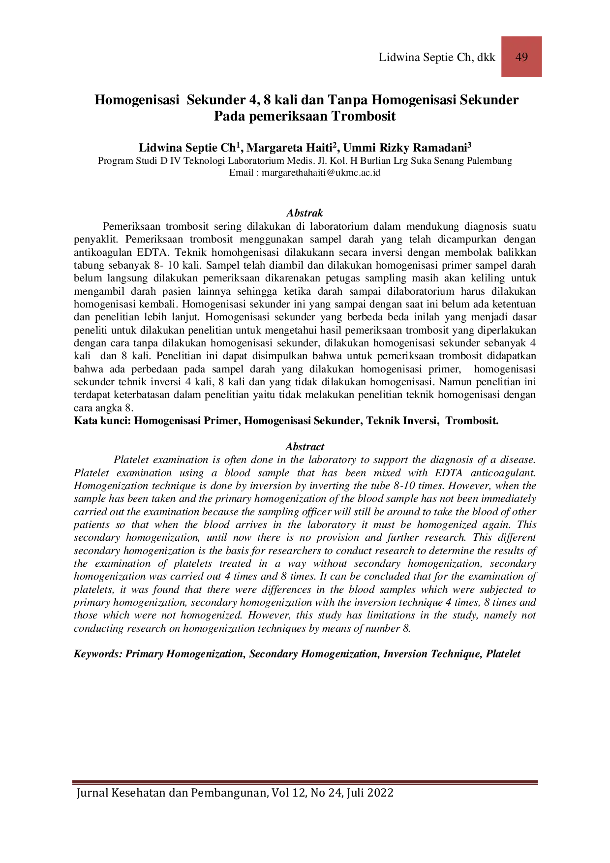 JURIS Homogenisasi Sekunder 4 8 Kali Dan Tanpa Homogenisasi Sekunder Pada Pemeriksaan Trombosit