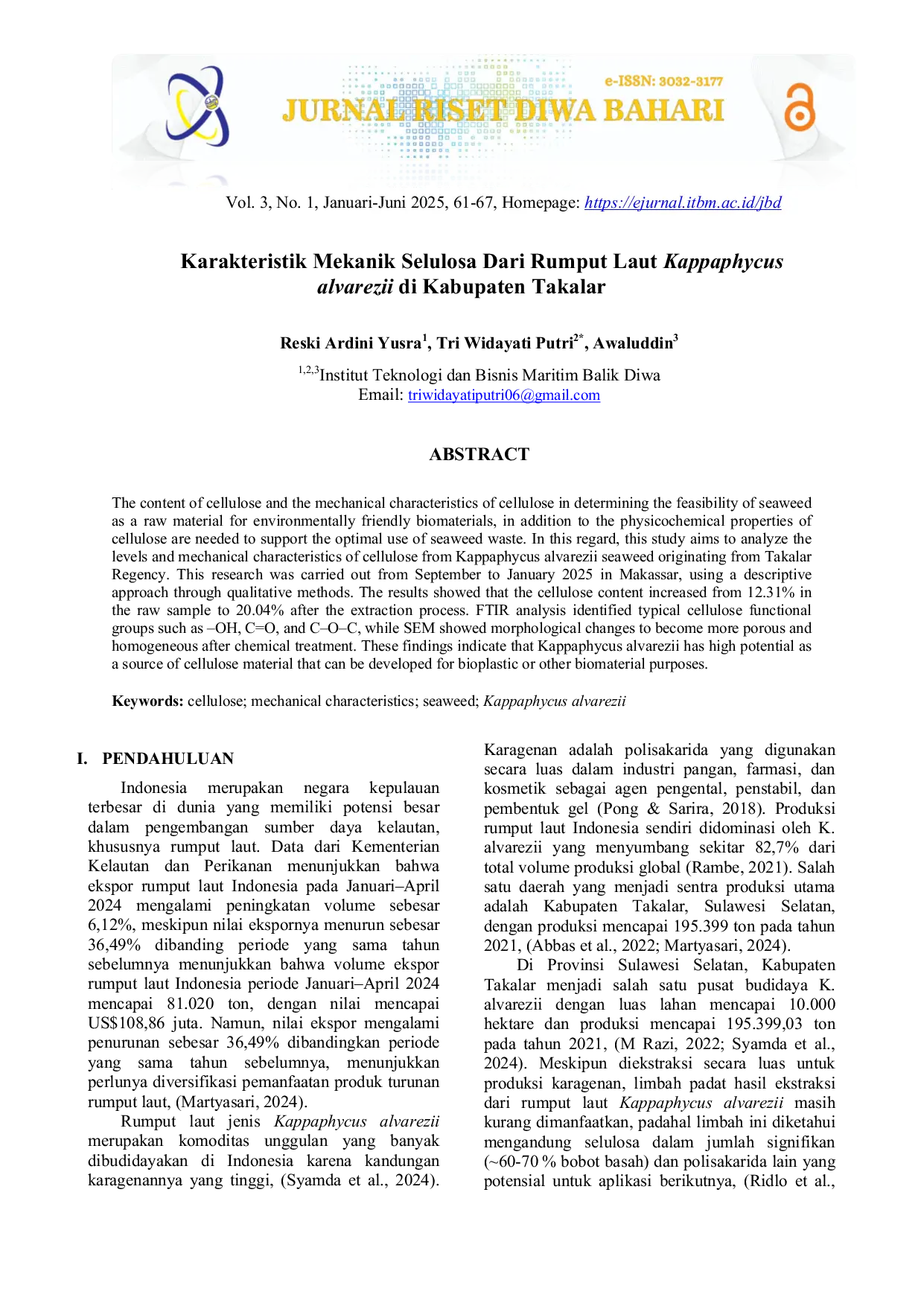 JURIS Karakteristik Mekanik Selulosa Dari Rumput Laut Kappaphycus alvarezii di Kabupaten Takalar