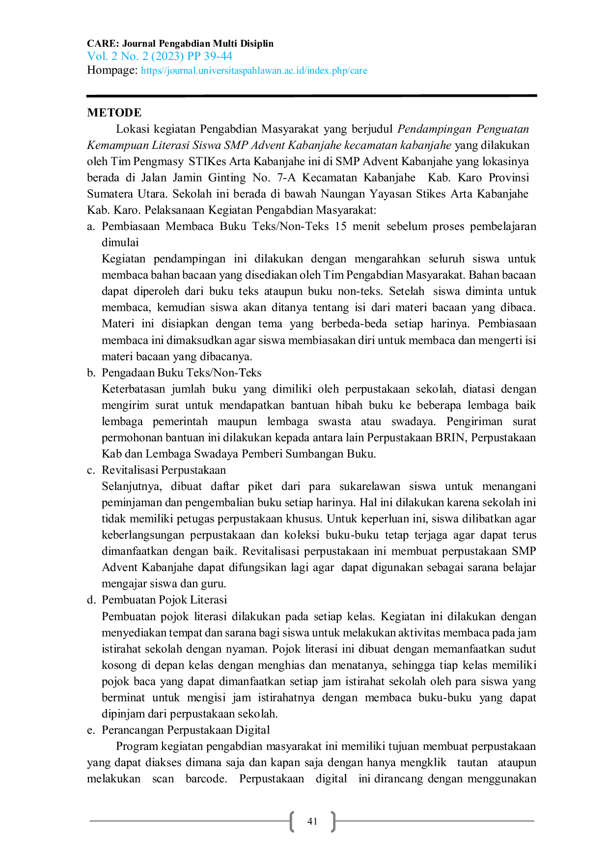 JURIS Program Penguatan Literasi untuk Siswa SMP Advent Kabanjahe Kabupaten Karo