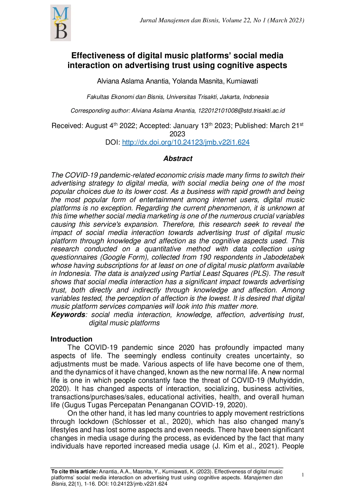 JURIS Effectiveness of Digital Music Platforms Social Media Interaction on Advertising Trust Using Cognitive Aspects