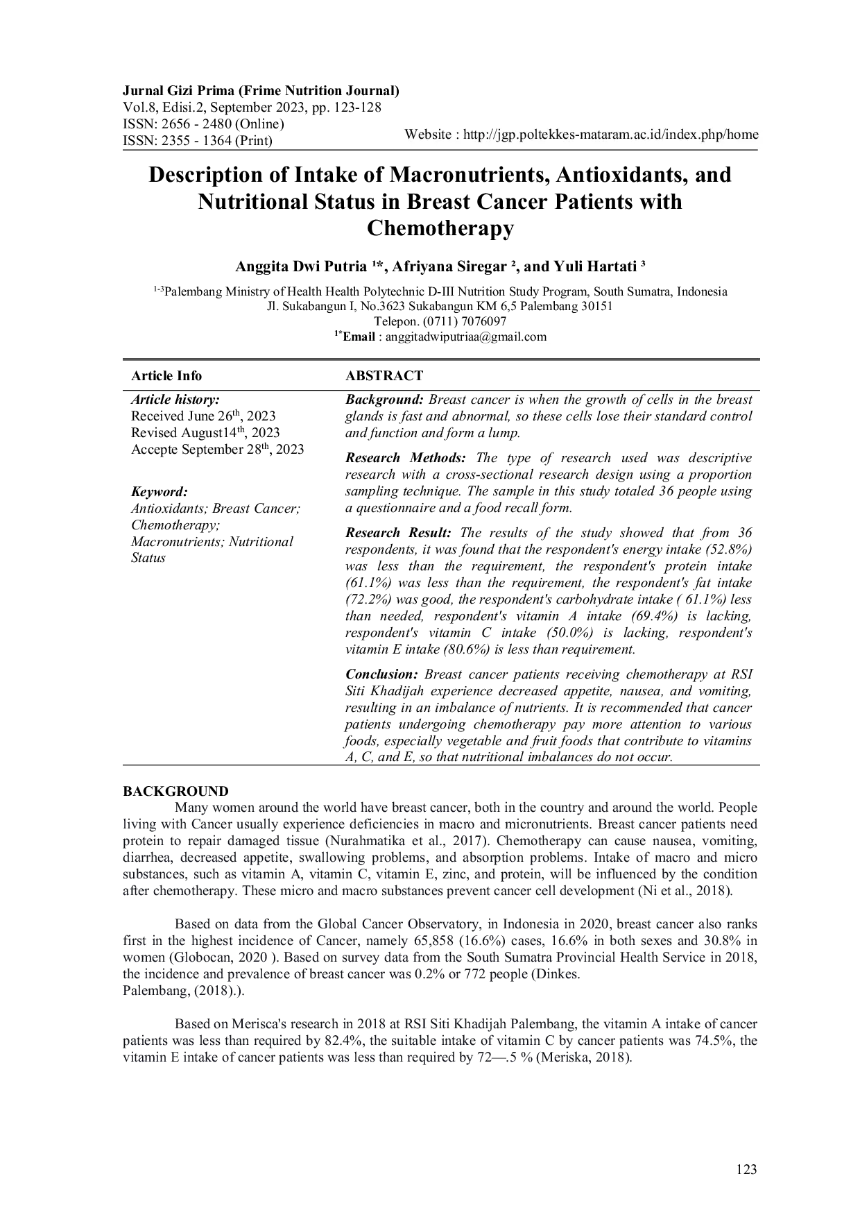 JURIS Description of Intake of Macronutrients Antioxidants and Nutritional Status in Breast Cancer Patients with Chemotherapy