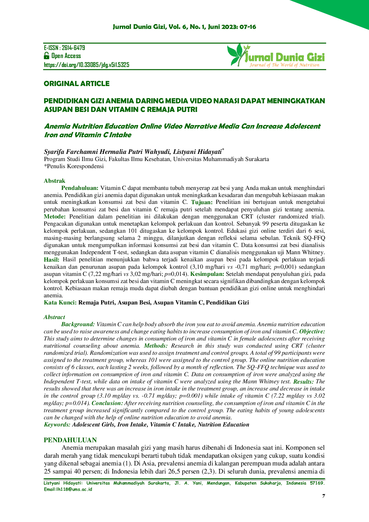 JURIS Pendidikan Gizi tentang Anemia Secara Online Dapat Meningkatkan Asupan Besi Dan Vitamin C pada Remaja Putri
