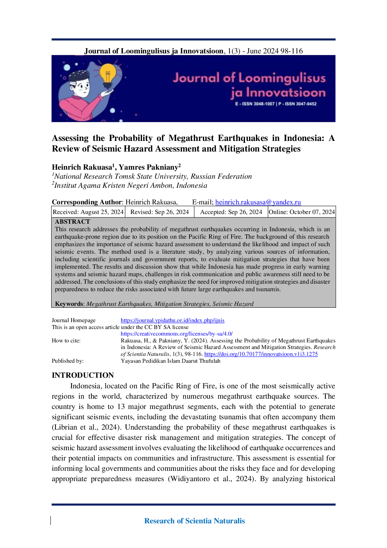 JURIS Assessing the Probability of Megathrust Earthquakes in Indonesia A Review of Seismic Hazard Assessment and Mitigation Strategies
