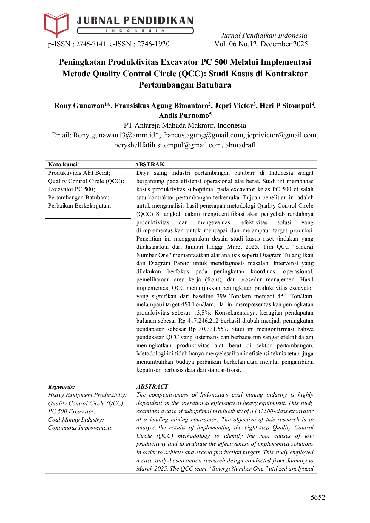 JURIS Peningkatan Produktivitas Excavator PC 500 Melalui Implementasi Metode Quality Control Circle QCC Studi Kasus di Kontraktor Pertambangan Batubara