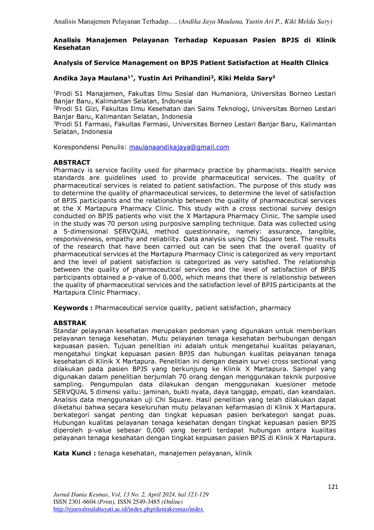 JURIS Analisis Manajemen Pelayanan terhadap Kepuasan Pasien BPJS di Klinik Kesehatan