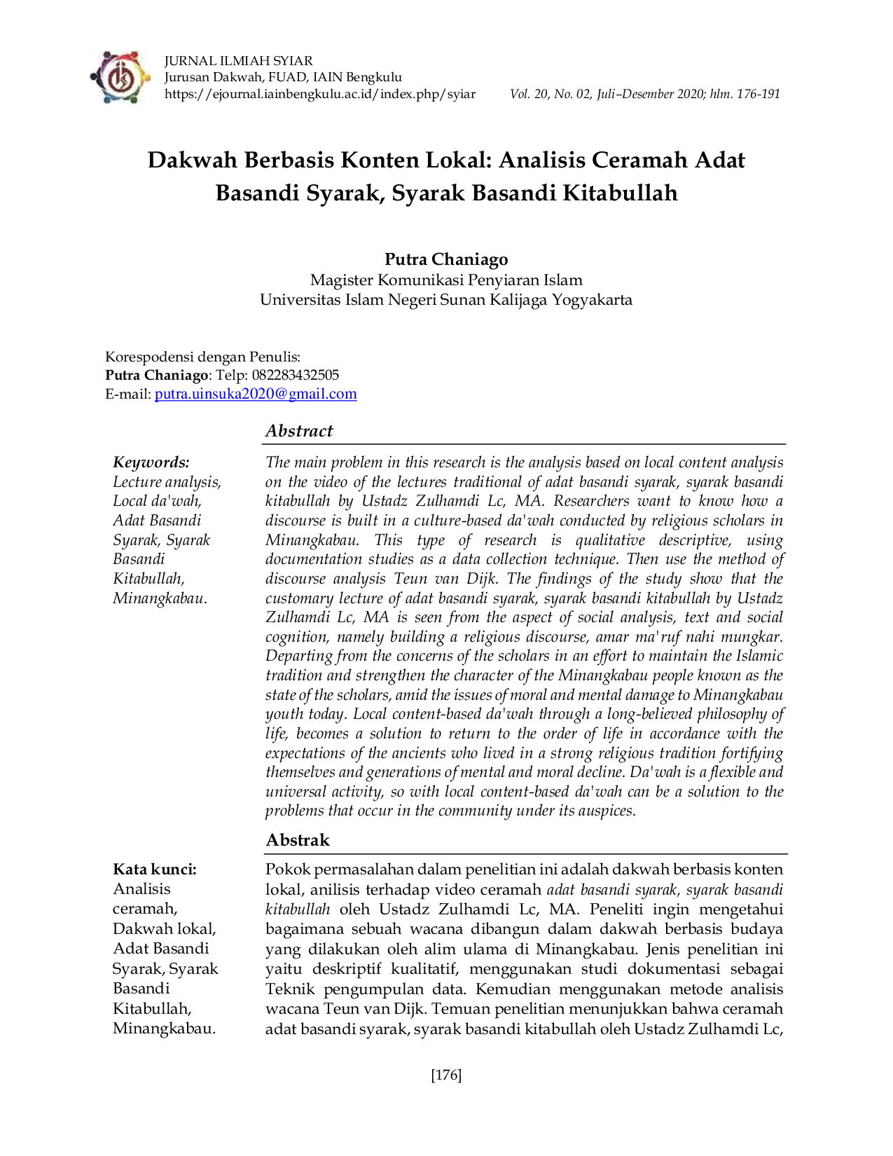 JURIS Dakwah Berbasis Konten Lokal Analisis Ceramah Adat Basandi Syarak Syarak Basandi Kitabullah