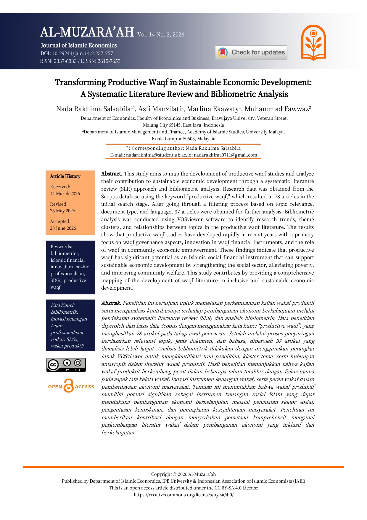 JURIS Transforming Productive Waqf in Sustainable Economic Development A Systematic Literature Review and Bibliometric Analysis