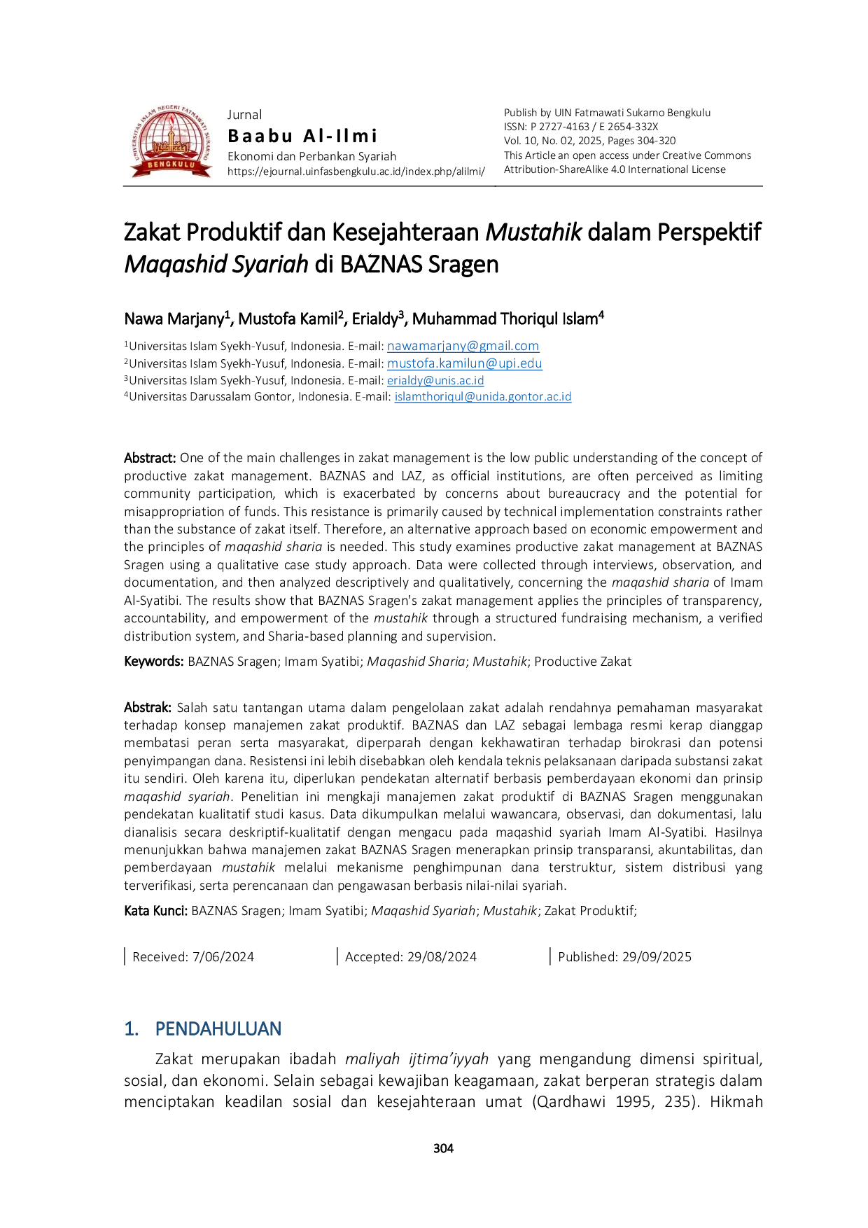 JURIS Zakat Produktif dan Kesejahteraan Mustahik dalam Perspektif Maqashid Syariah di BAZNAS Sragen