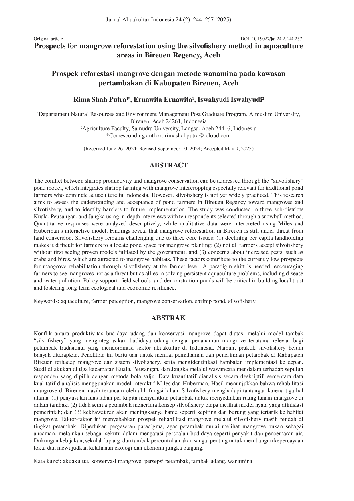 JURIS Prospects for Mangrove Reforestation Using the Silvofishery Method in Aquaculture Areas in Bireuen Regency Aceh