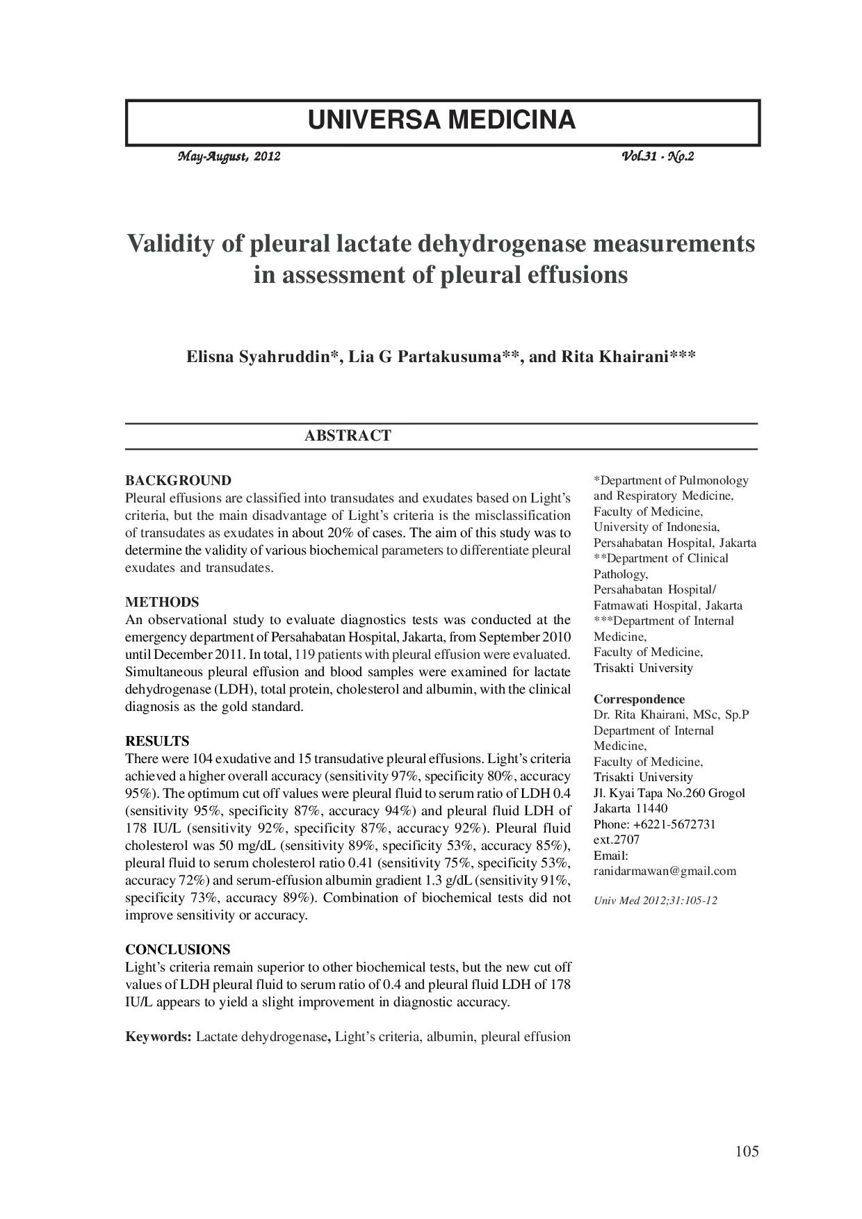 JURIS Validity of pleural lactate dehydrogenase measurements in assessment of pleural effusions