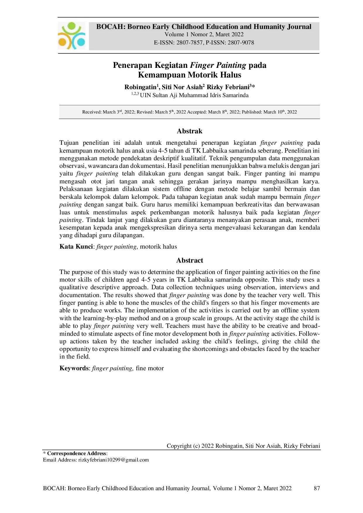 JURIS Penerapan Kegiatan Finger painting pada Kemampuan Motorik Halus