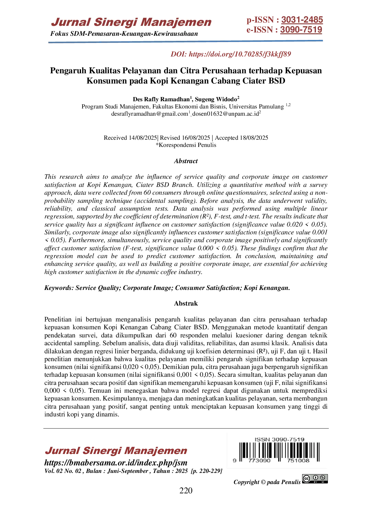 JURIS Pengaruh Kualitas Pelayanan Dan Citra Perusahaan Terhadap Kepuasan Konsumen Pada Kopi Kenangan Cabang Ciater Bsd