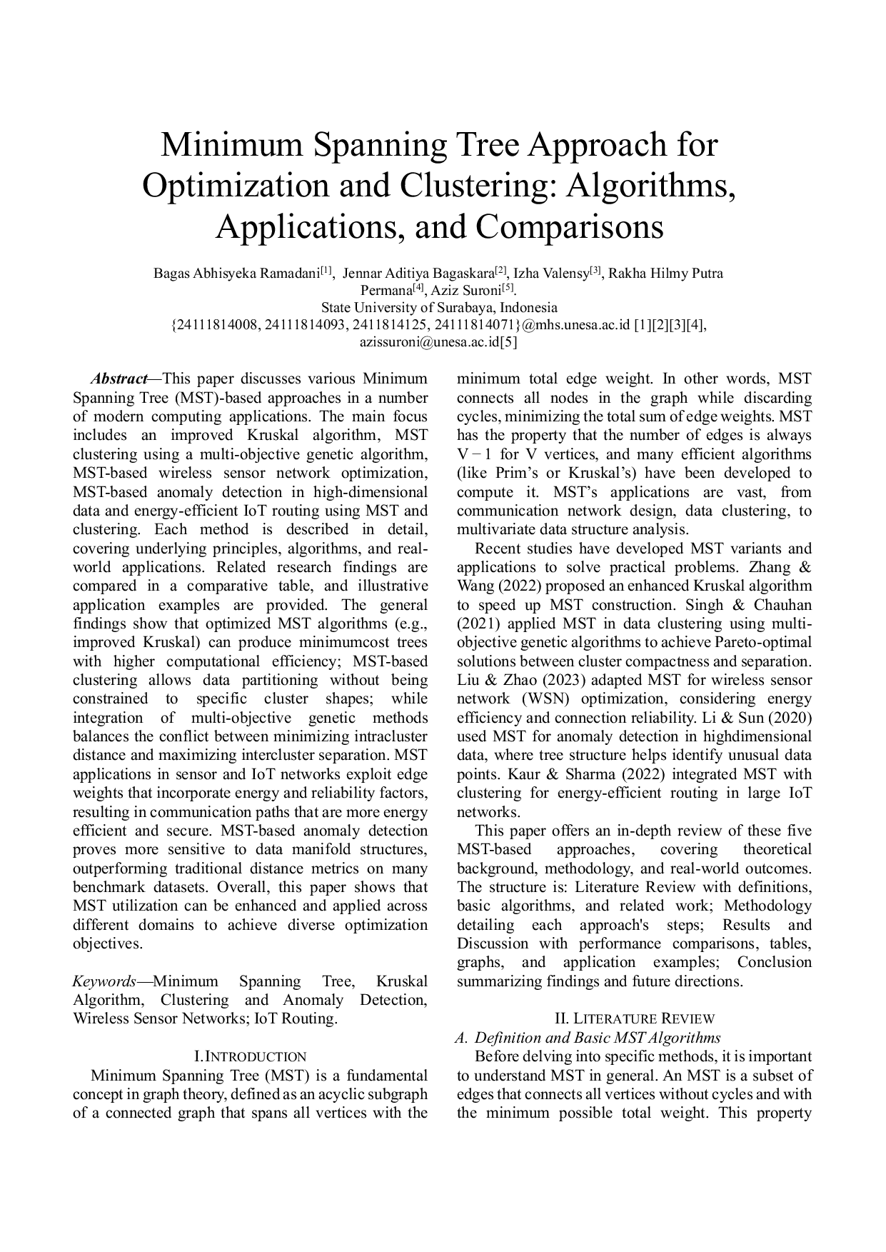 JURIS Minimum Spanning Tree Approach for Optimization and Clustering Algorithms Applications and Comparisons