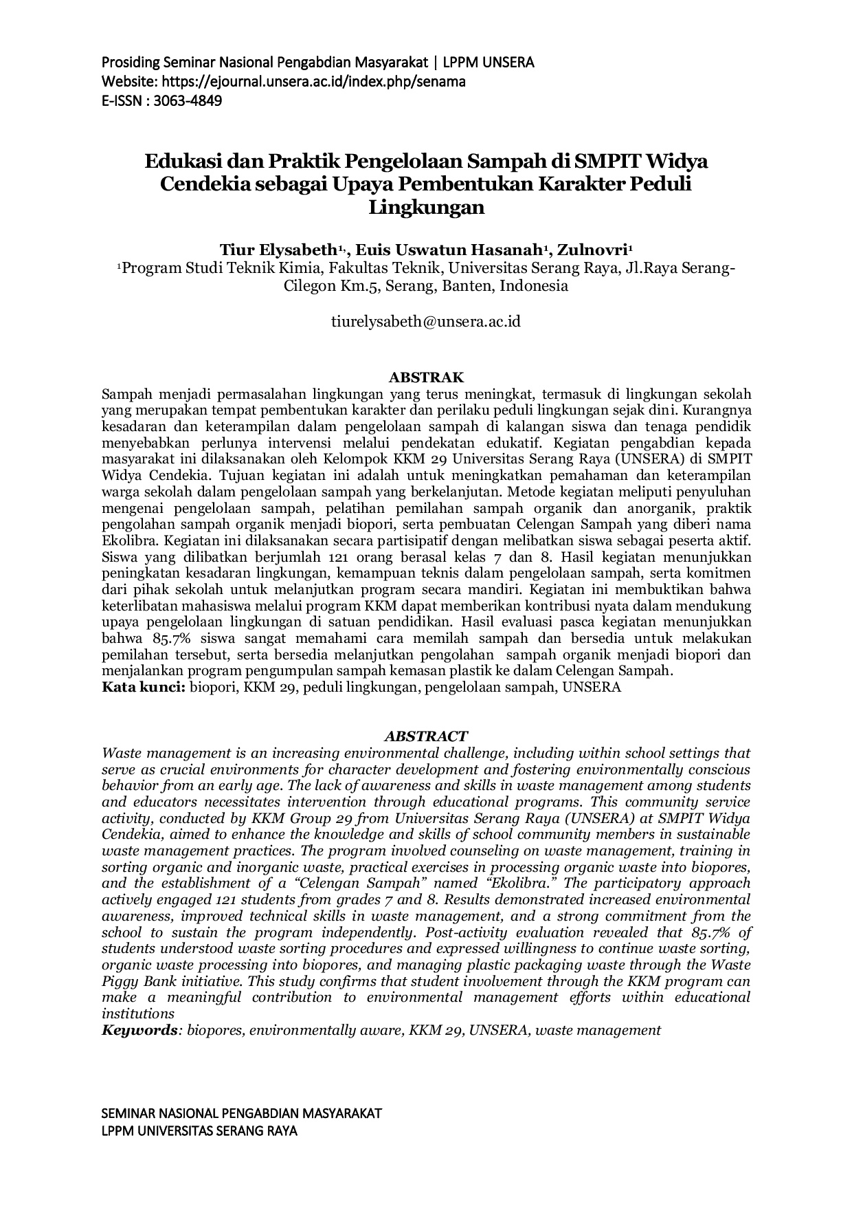 JURIS Edukasi dan Praktik Pengelolaan Sampah di SMPIT Widya Cendekia sebagai Upaya Pembentukan Karakter Peduli Lingkungan