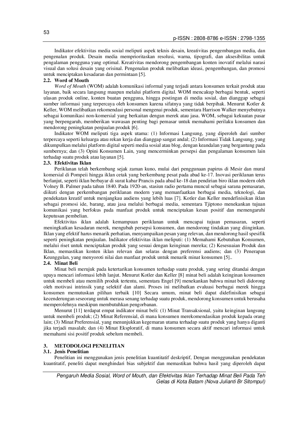 JURIS Pengaruh Media Sosial Word Of Mouth Dan Efektivitas Iklan Terhadap Minat Beli Pada Teh Gelas Di Kota Batam