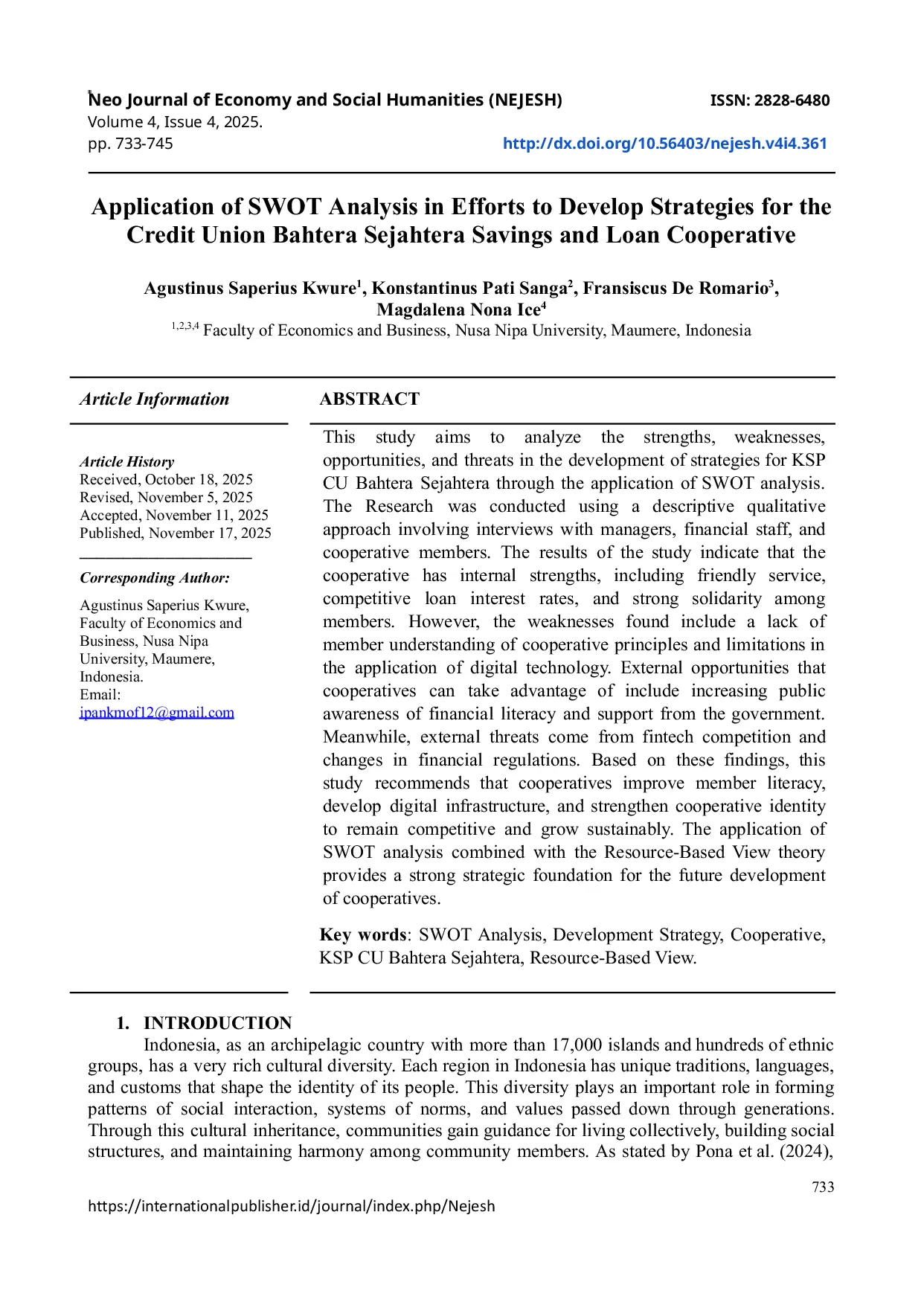 JURIS Application of SWOT Analysis in Efforts to Develop Strategies for the Credit Union Bahtera Sejahtera Savings and Loan Cooperative