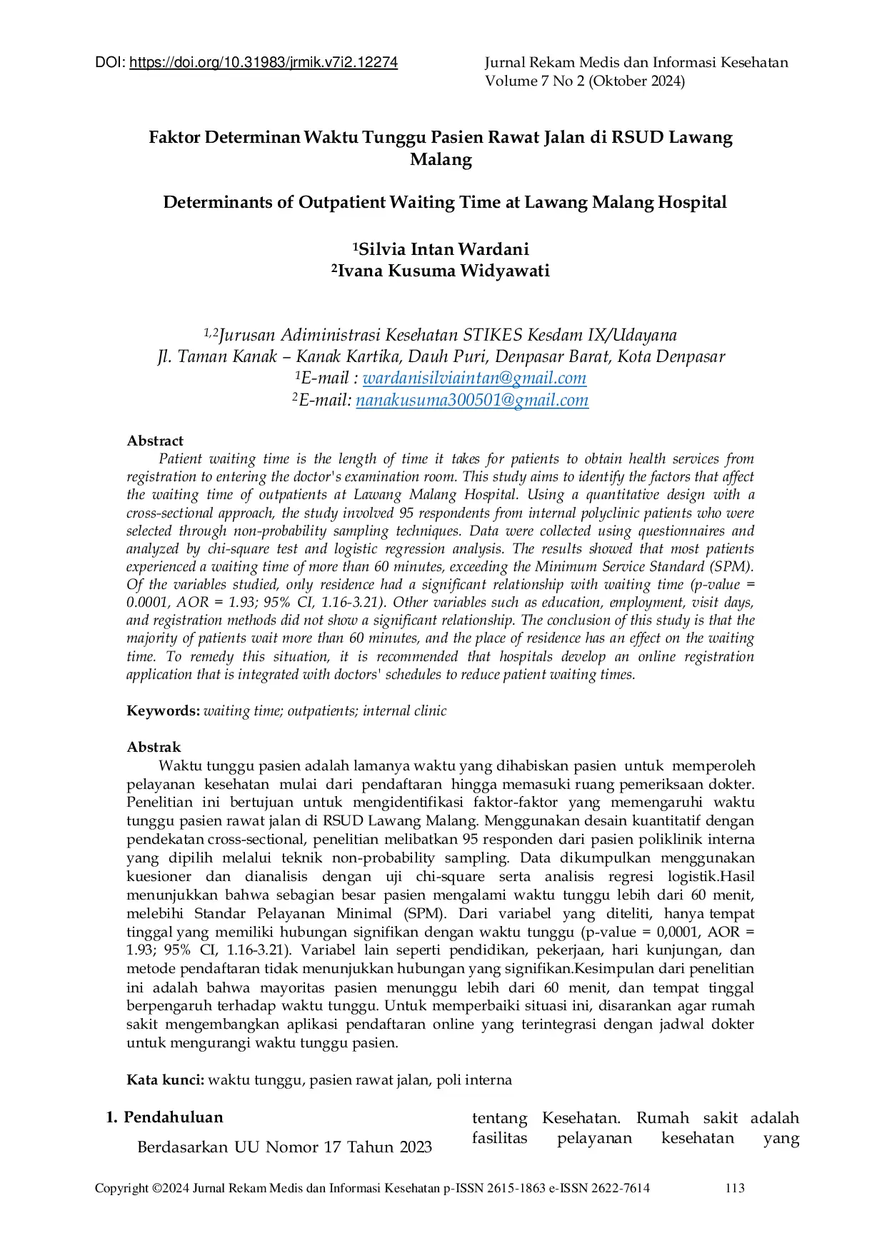 JURIS Determinants of Outpatient Waiting Time at Lawang Malang Hospital