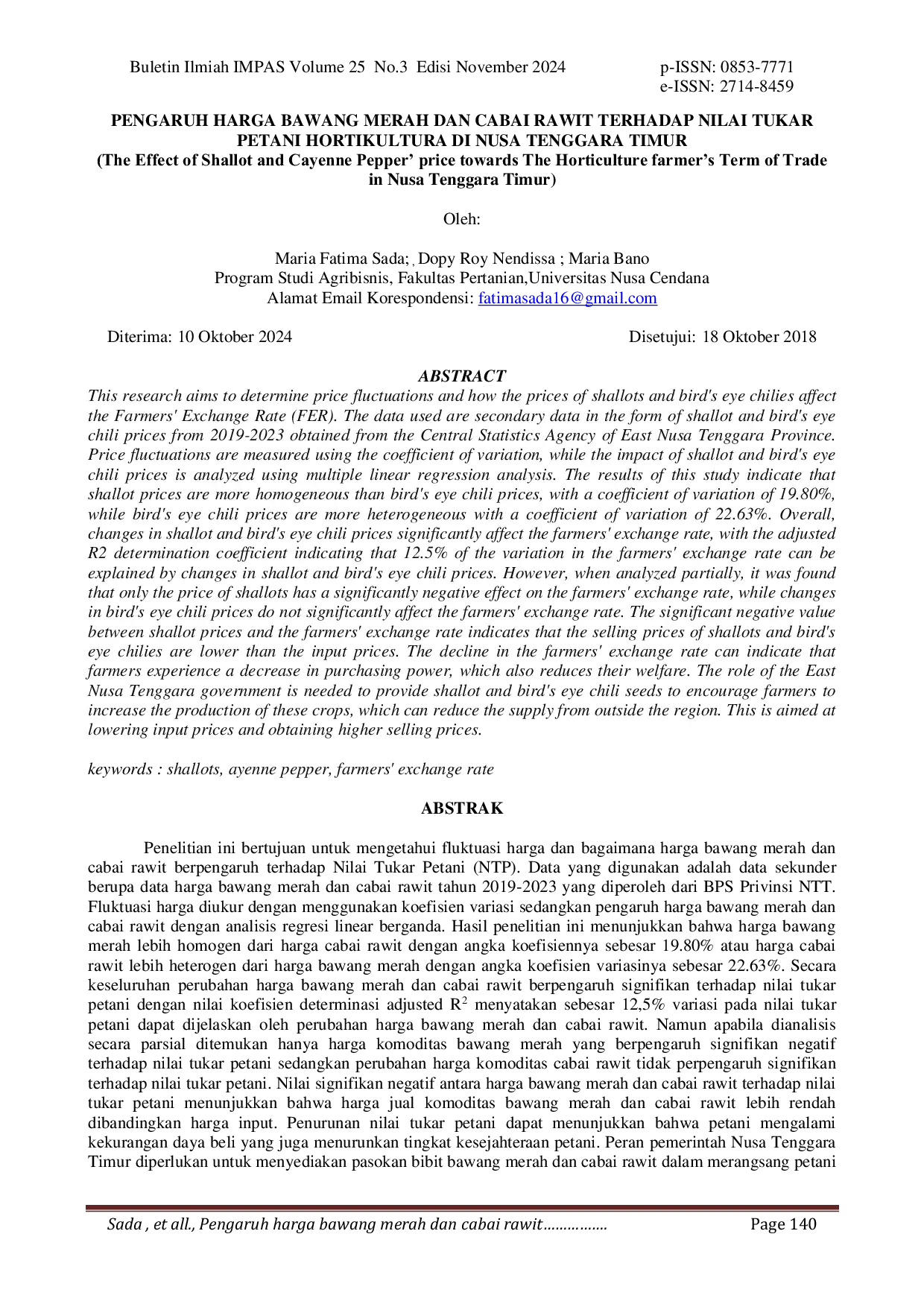 JURIS Pengaruh Harga Bawang Merah Dan Cabai Rawit Terhadap Nilai Tukar Petani Hortikultura Di Nusa Tenggara Timur