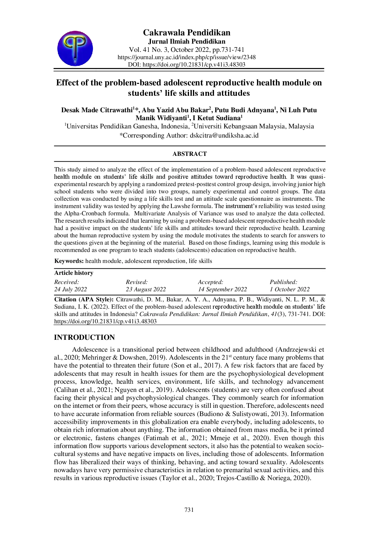 juris Effect of the problem based adolescent reproductive health module on students life skills and attitudes