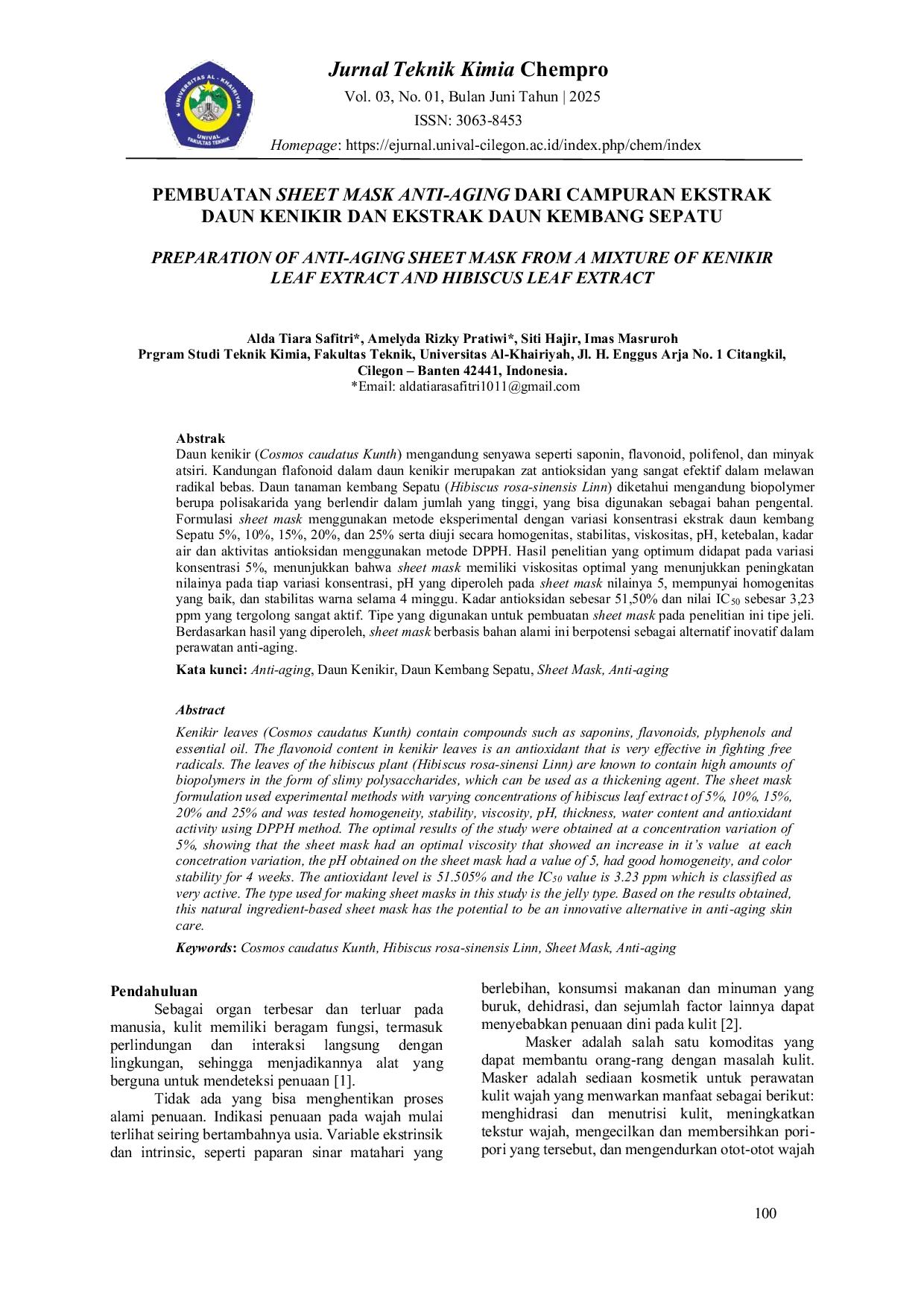 JURIS Pembuatan Sheet Mask Anti Aging dari Campuran Ekstrak Daun Kenikir dan Ekstrak Daun Kembang Sepatu