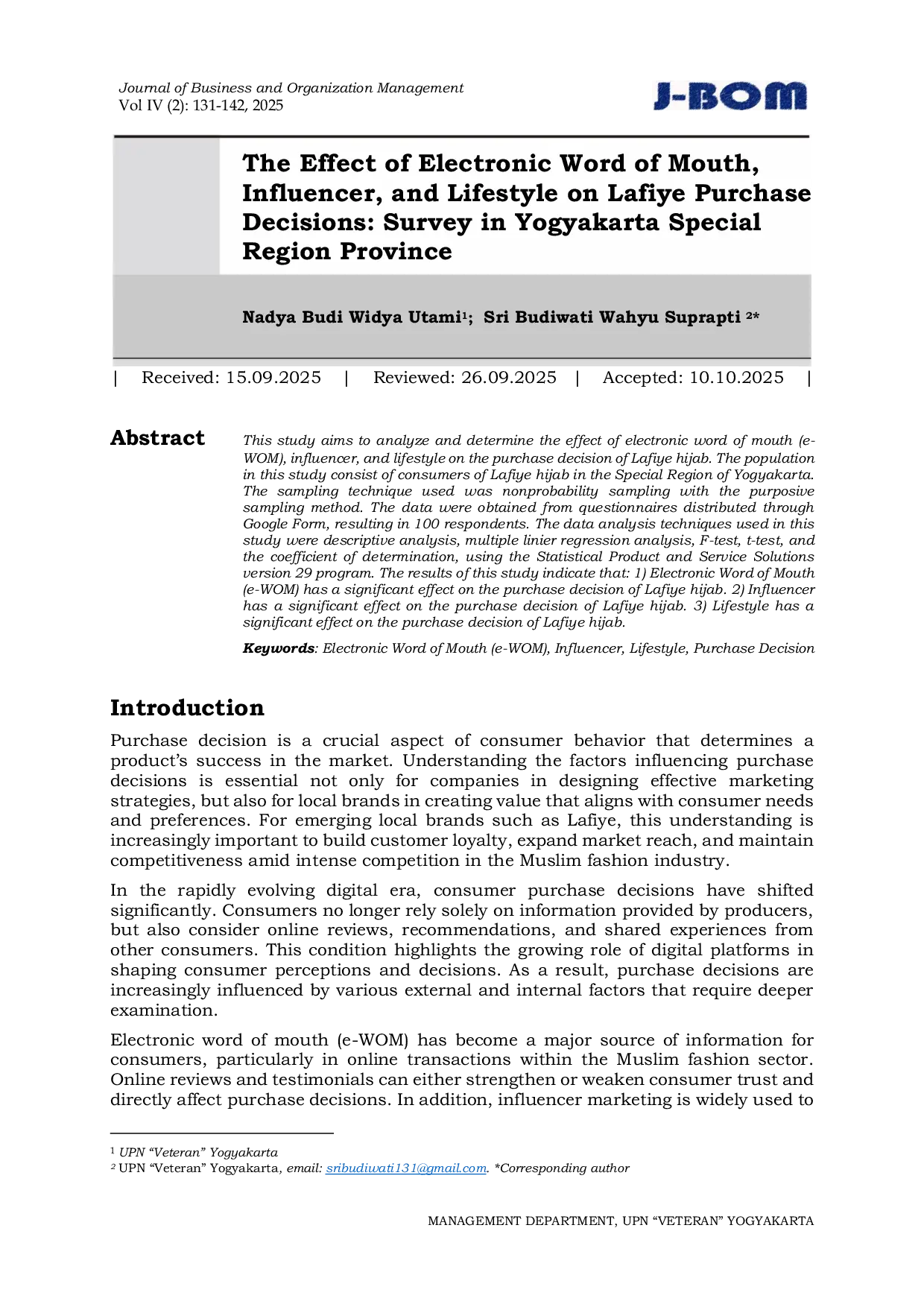 JURIS The Effect of Electronic Word of Mouth Influencer and Lifestyle on Lafiye Purchase Decisions Survey in Yogyakarta Special Region Province
