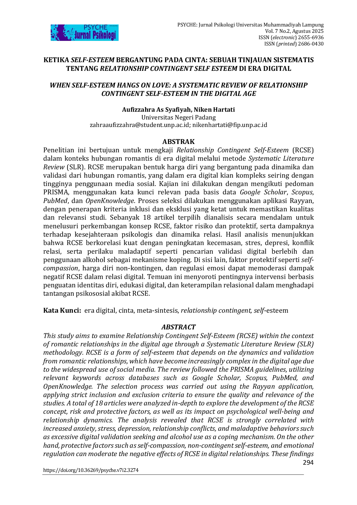 JURIS Ketika Self Esteem Bergantung Pada Cinta Sebuah Tinjauan Sistematis Tentang Relationship Contingent Self Esteem Di Era Digital