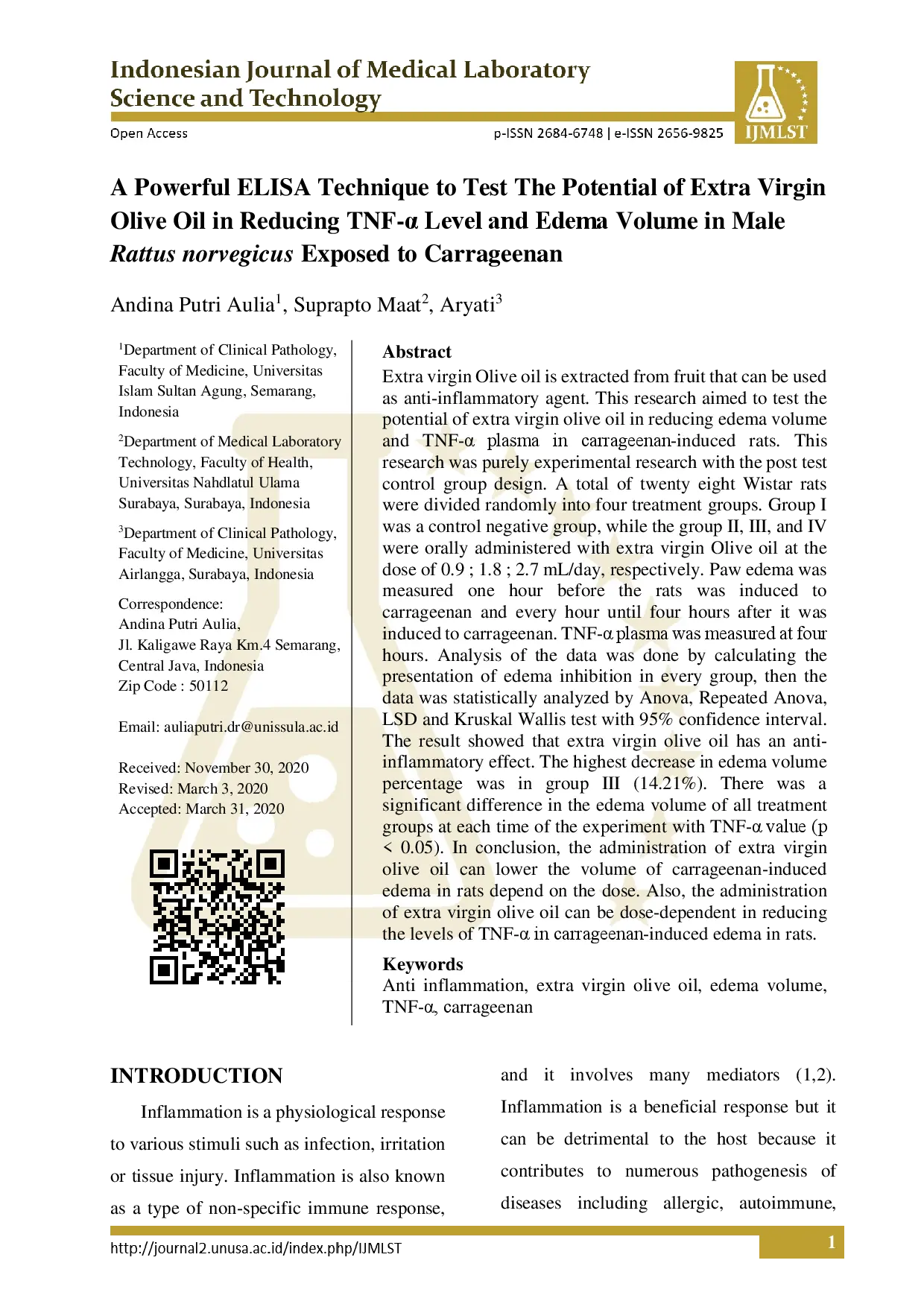 juris A POWERFUL ELISA TECHNIQUE TO TEST THE POTENTIAL OF EXTRA VIRGIN OLIVE OIL IN REDUCING TNF LEVEL AND EDEMA VOLUME IN MALE Rattus norvegicus EXPOSED TO CARRAGEENAN
