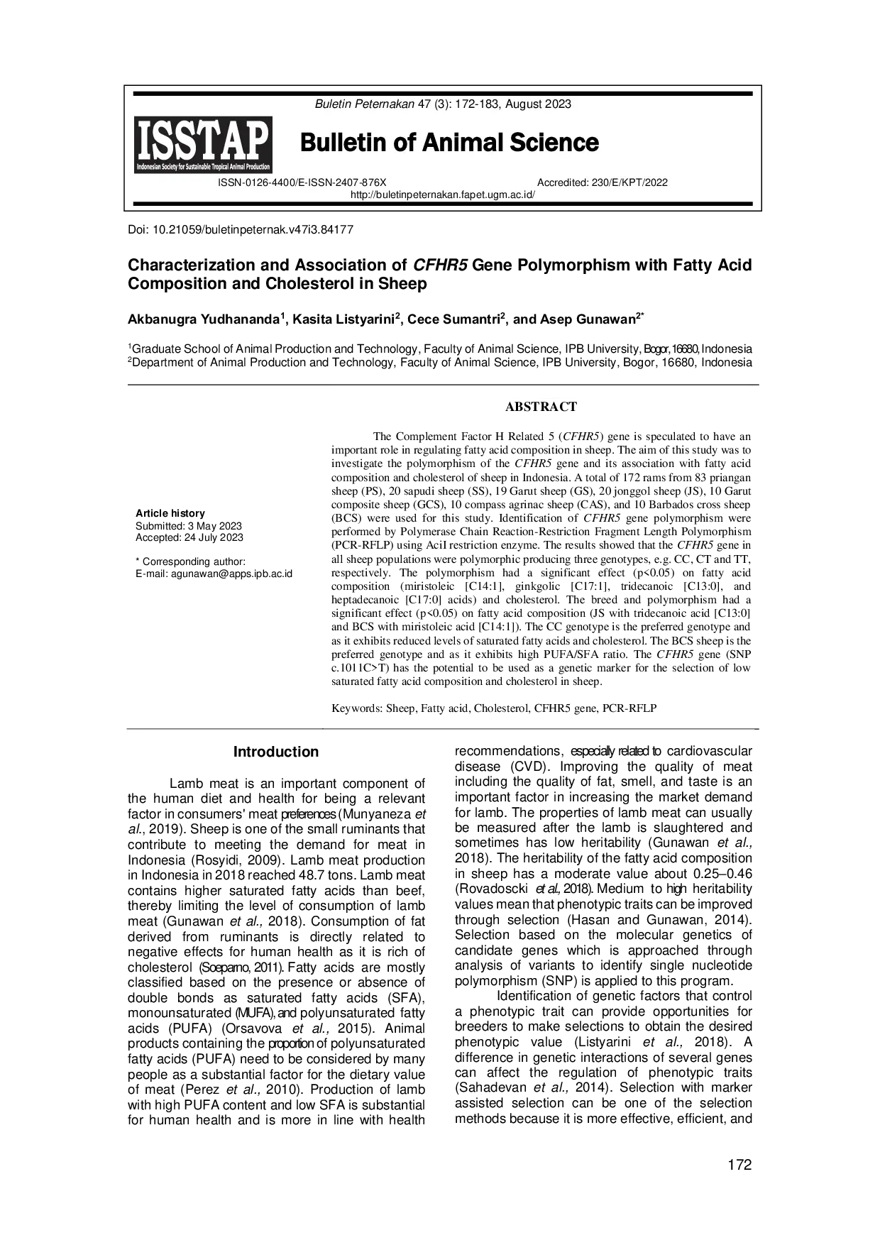 JURIS Characterization and Association of CFHR5 Gene Polymorphism with Fatty Acid Composition and Cholesterol in Sheep