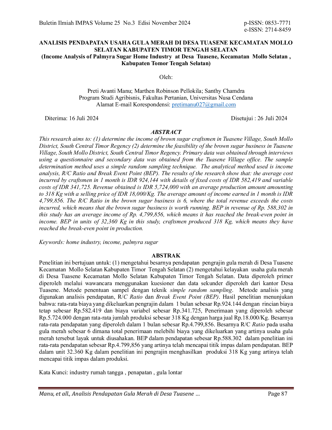 JURIS Analisis Pendapatan Usaha Gula Merah Di Desa Tuasene Kecamatan Mollo Selatan Kabupaten Timor Tengah Selatan