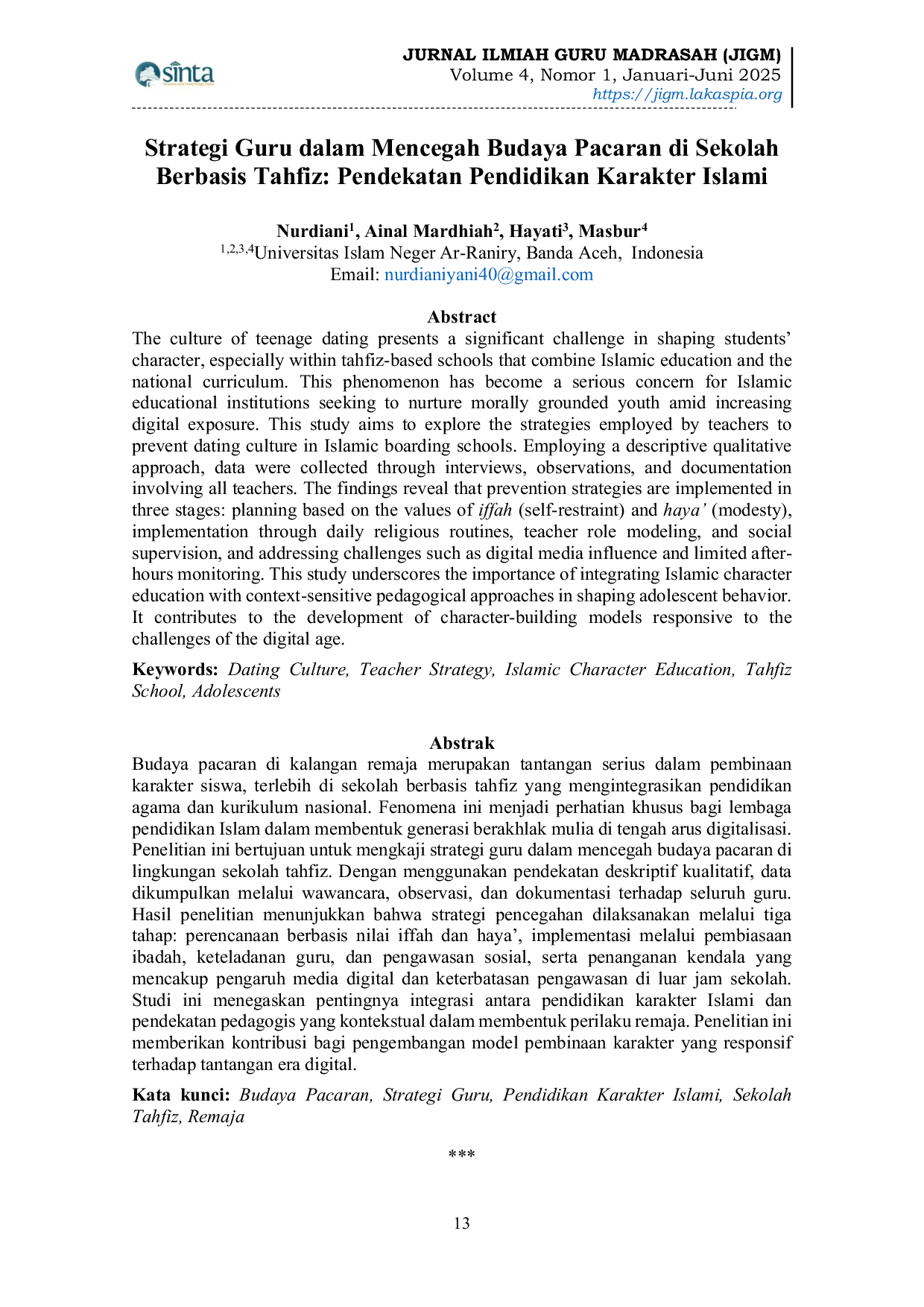 JURIS Strategi Guru dalam Mencegah Budaya Pacaran di Sekolah Berbasis Tahfiz Pendekatan Pendidikan Karakter Islami