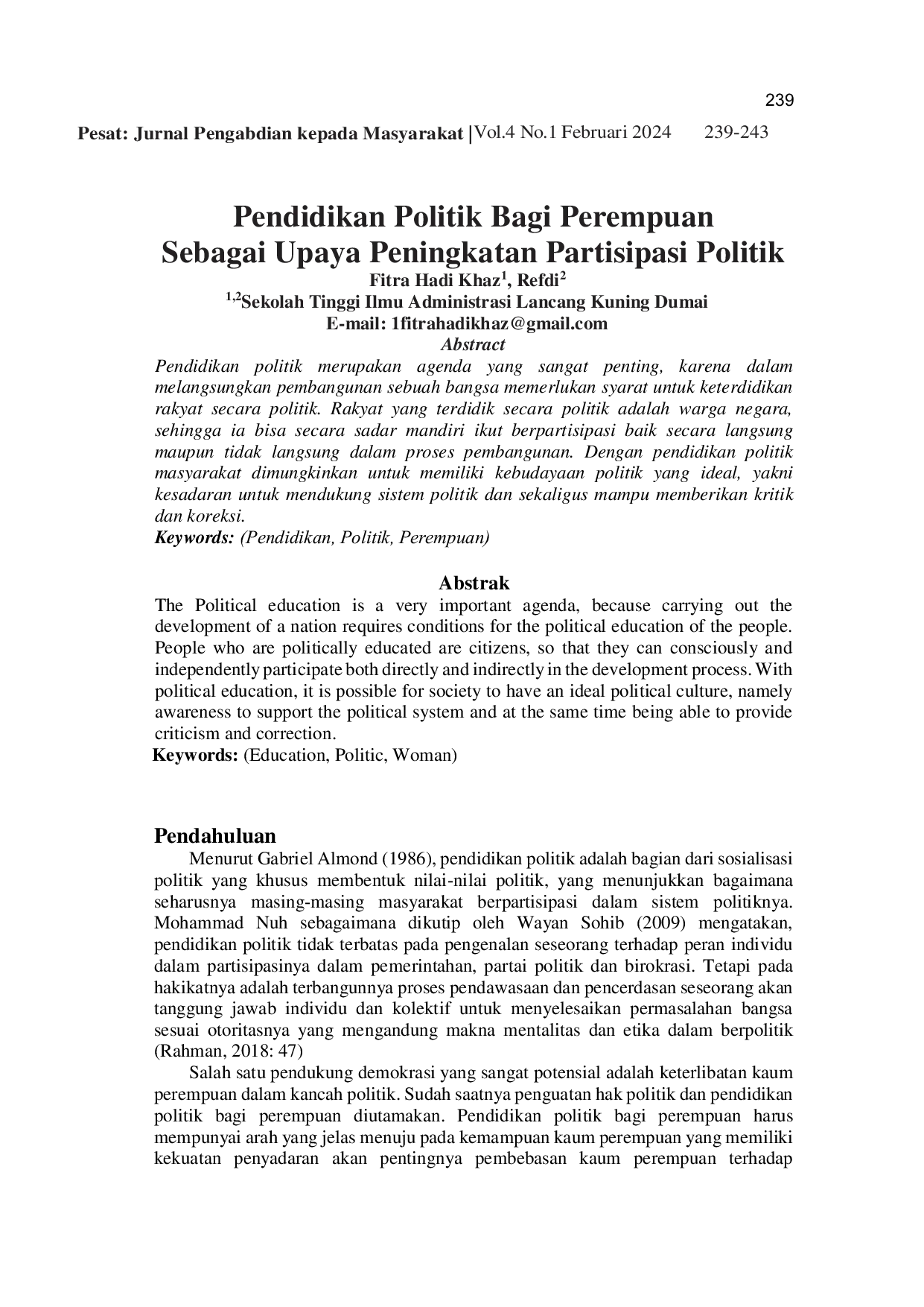 JURIS Education POLITICAL EDUCATION FOR WOMEN AS AN EFFORT TO INCREASE POLITICAL PARTICIPATION POLITICAL EDUCATION FOR WOMEN