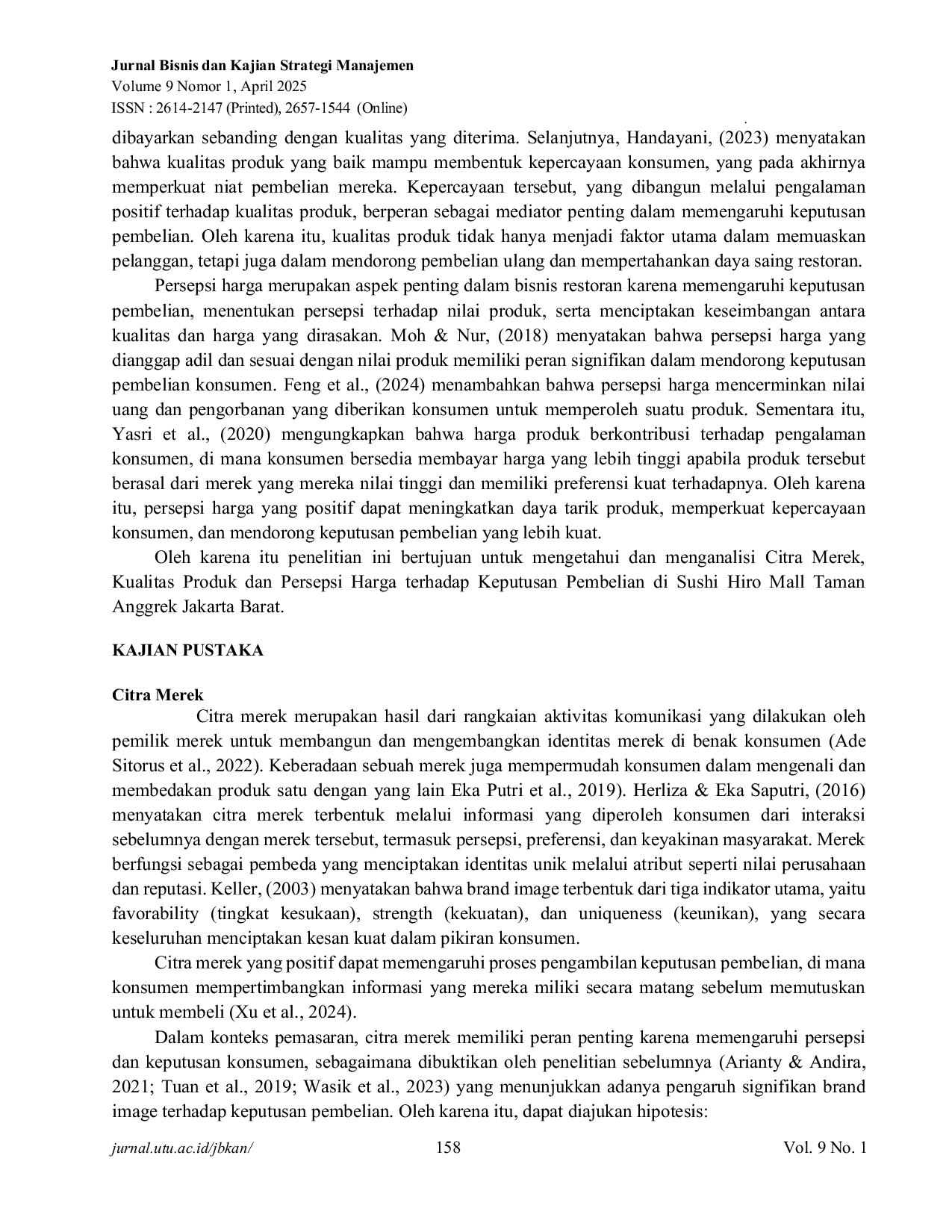 JURIS Pengaruh Citra Merek Kualitas Produk Dan Persepsi Harga Terhadap Keputusan Pembelian Di Restaurant Jepang Sushi Hiro Mall Taman Anggrek Jakarta