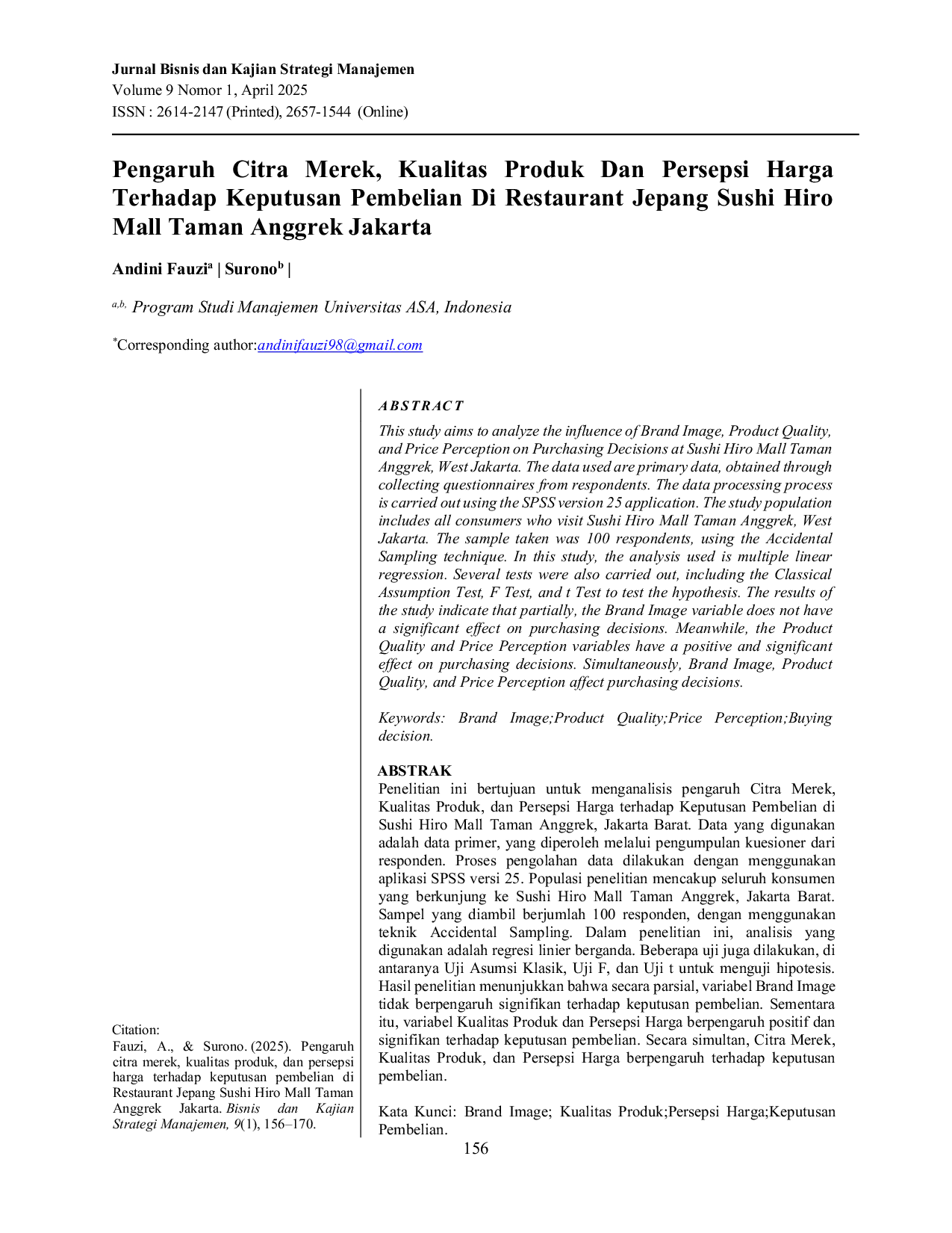 JURIS Pengaruh Citra Merek Kualitas Produk Dan Persepsi Harga Terhadap Keputusan Pembelian Di Restaurant Jepang Sushi Hiro Mall Taman Anggrek Jakarta