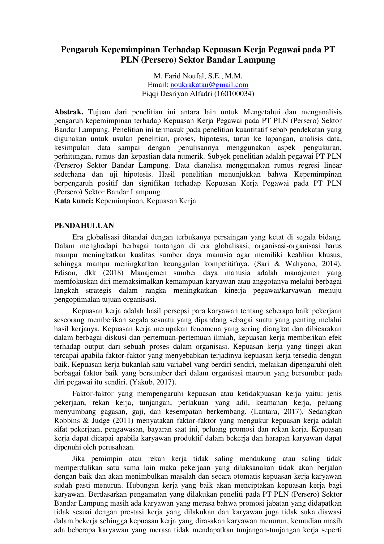 JURIS Pengaruh Kepemimpinan Terhadap Kepuasan Kerja Pegawai pada PT PLN Persero Sektor Bandar Lampung